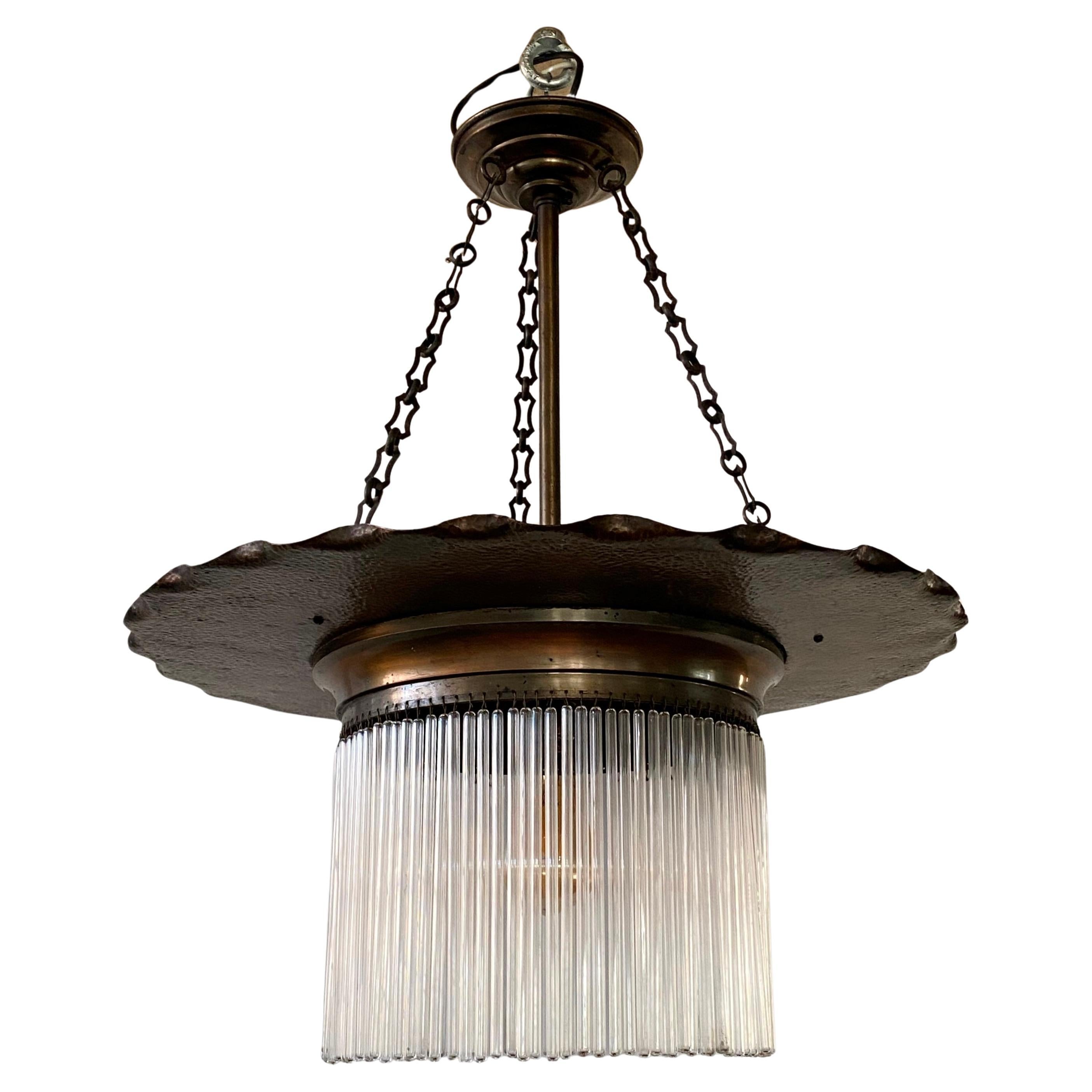 Lampada Secessionista in Ottone con Bacchette di Vetro, Austria, Inizio XX secol