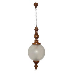 Spherical, hanging lamp made of turned wood and frosted glass, 1960s