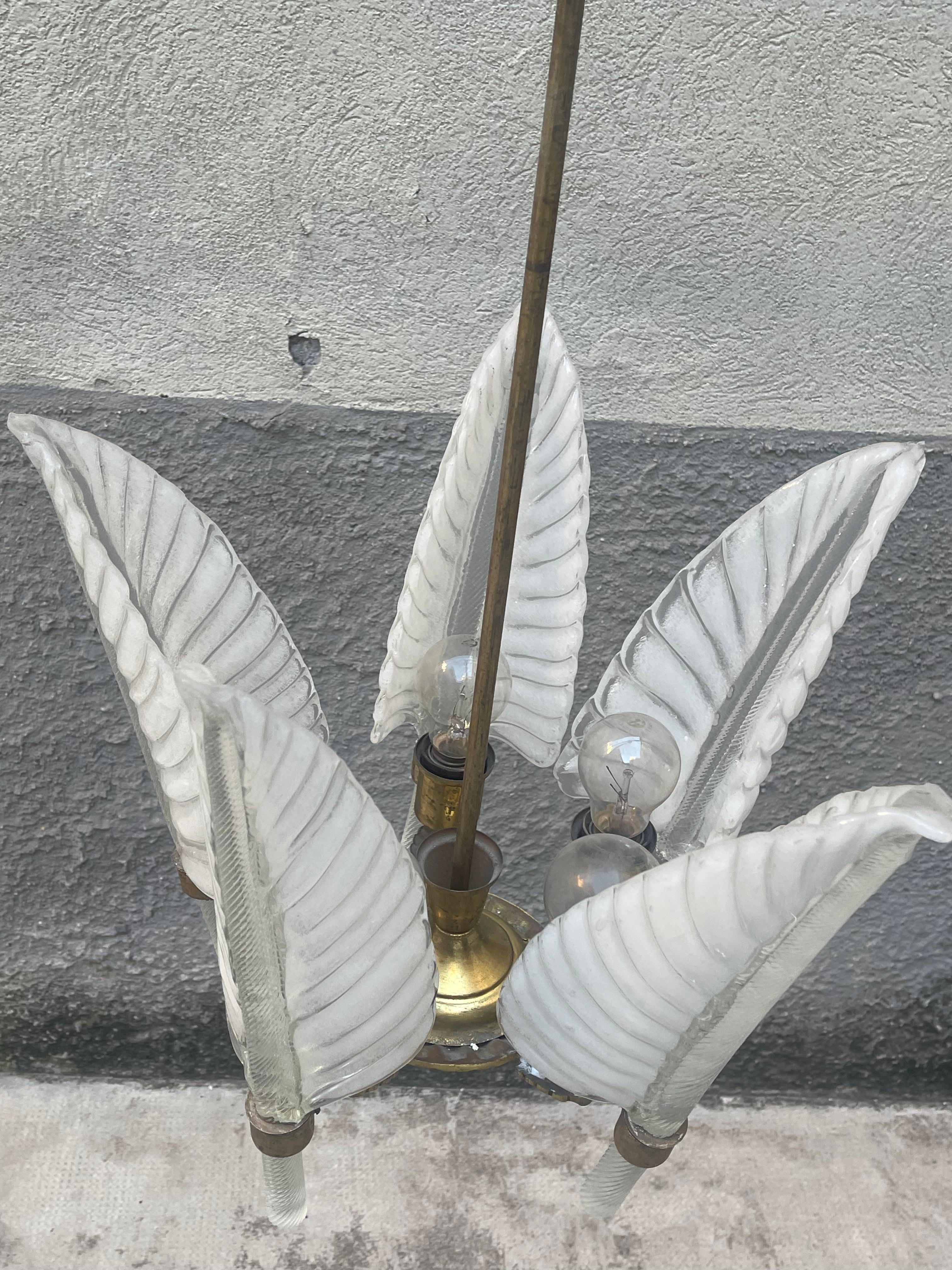 Brass 5 Leaf Blown Glass Chandelier - Seguso - Murano/Italy - 1940circa