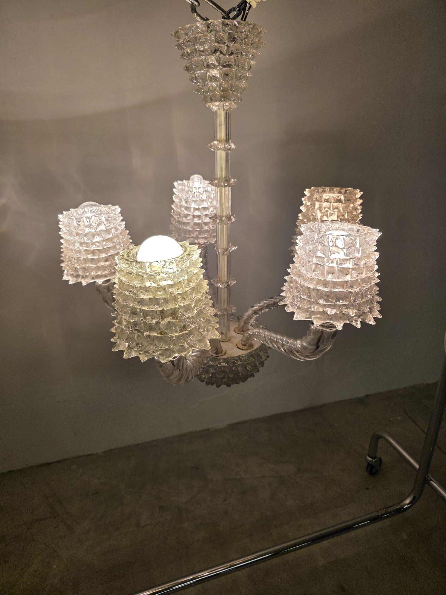 Italian Lustre à 5 lumières en verre rosé Barovier & Toso 1940s en vente