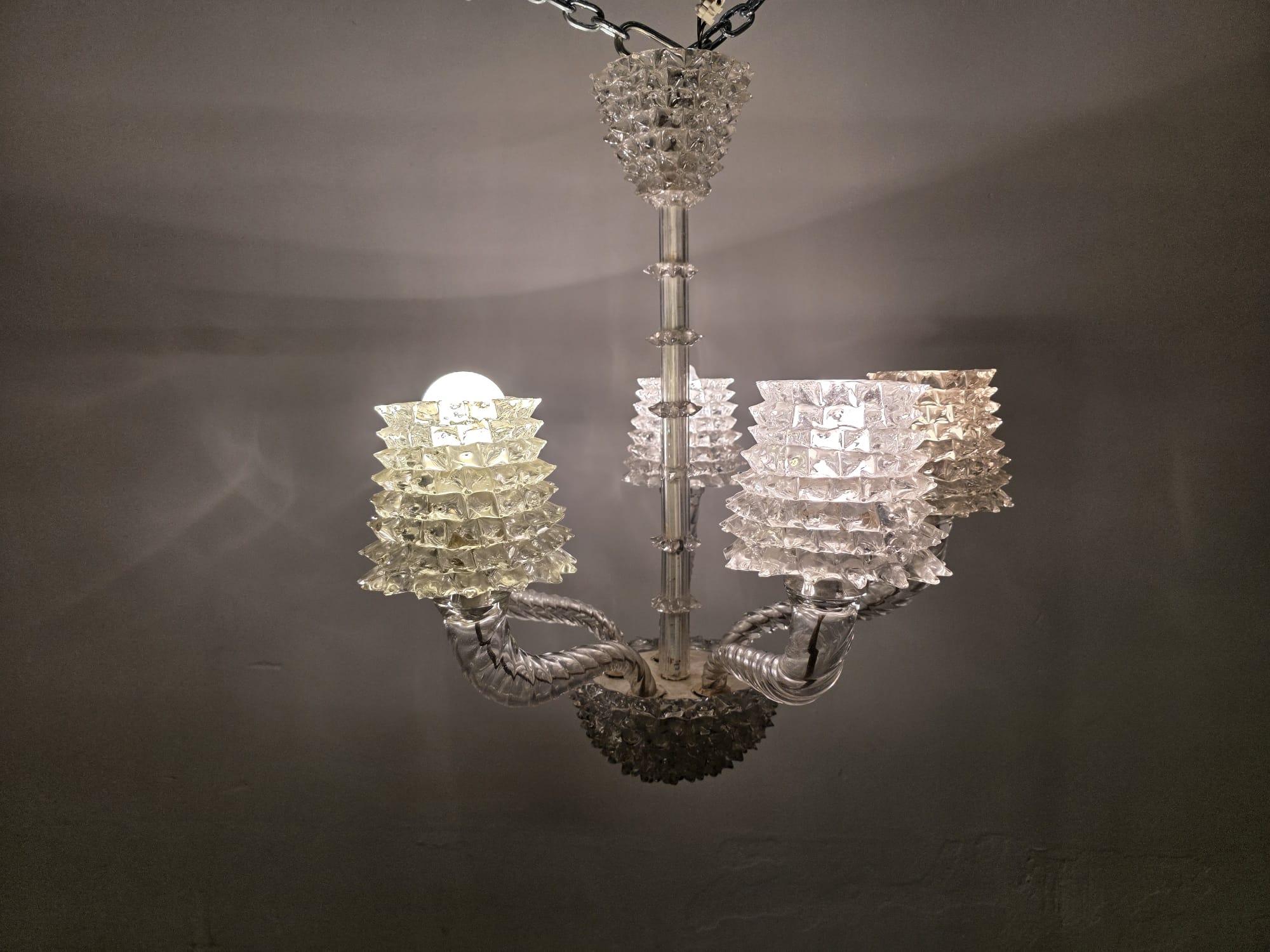 Lustre à 5 lumières en verre rosé Barovier & Toso 1940s Excellent état - En vente à Torino, IT