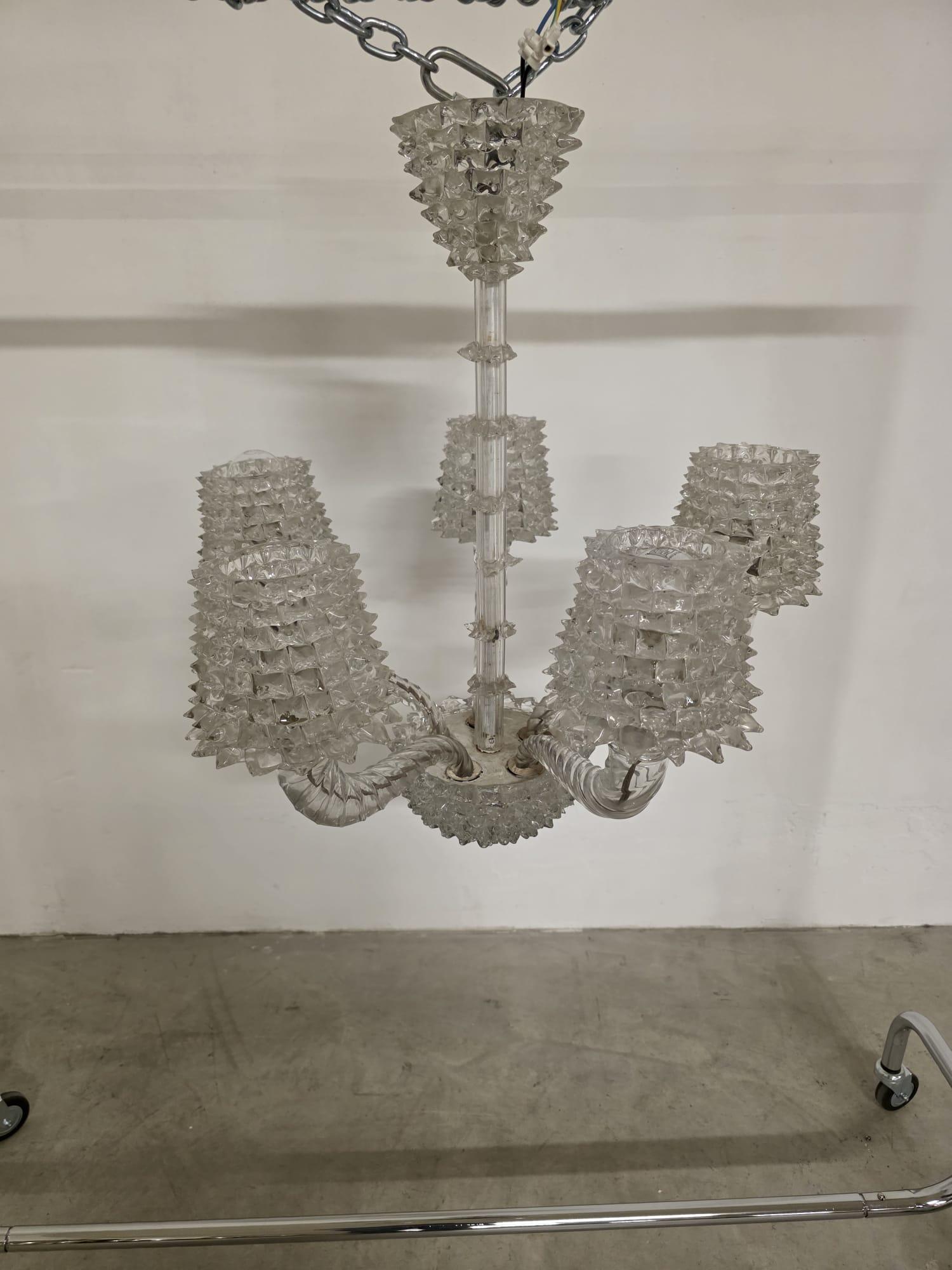 Verre Lustre à 5 lumières en verre rosé Barovier & Toso 1940s en vente