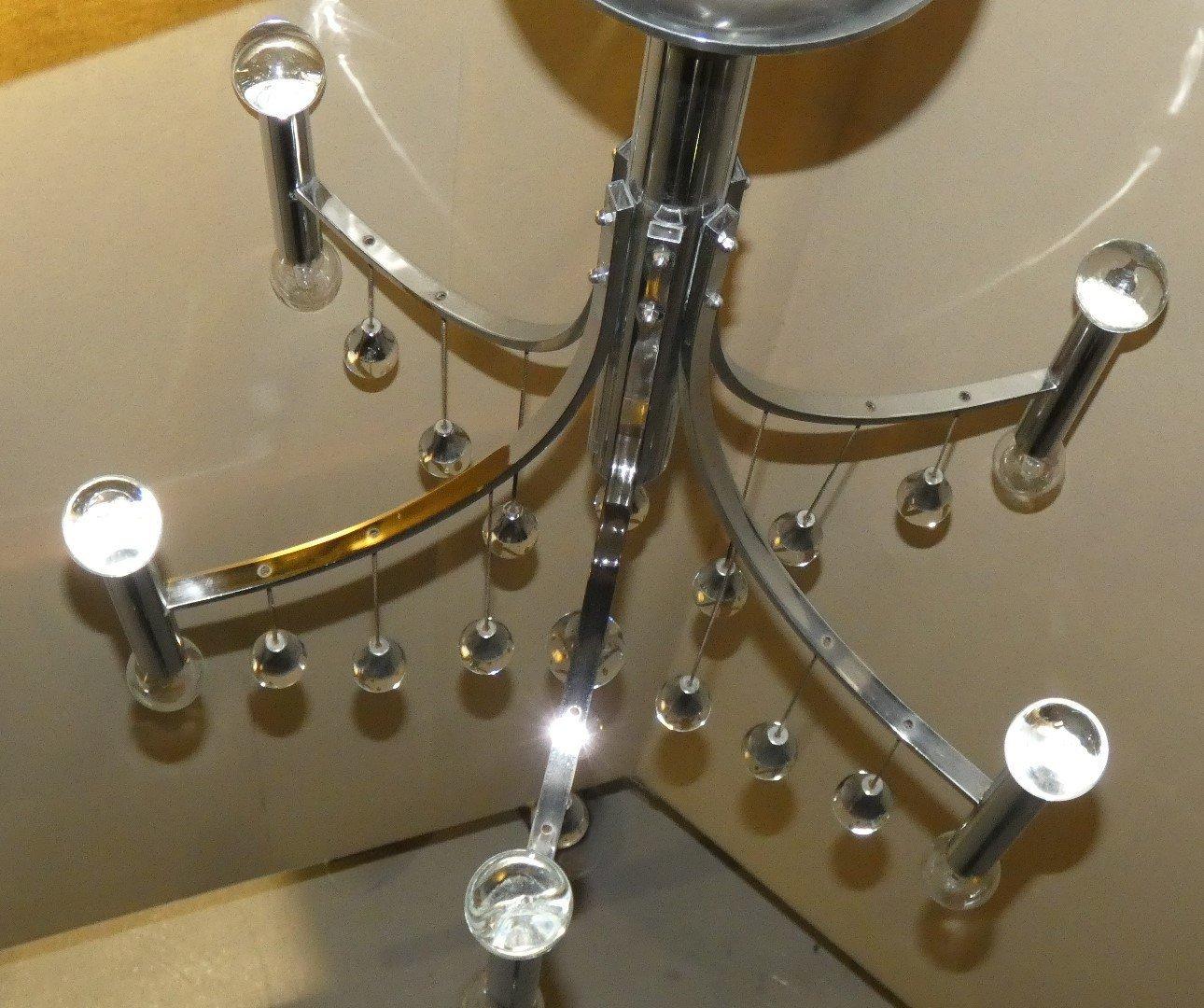 Minimalist Chromed Steel and Crystal 6-light Chandelier, Italy 1970s For Sale