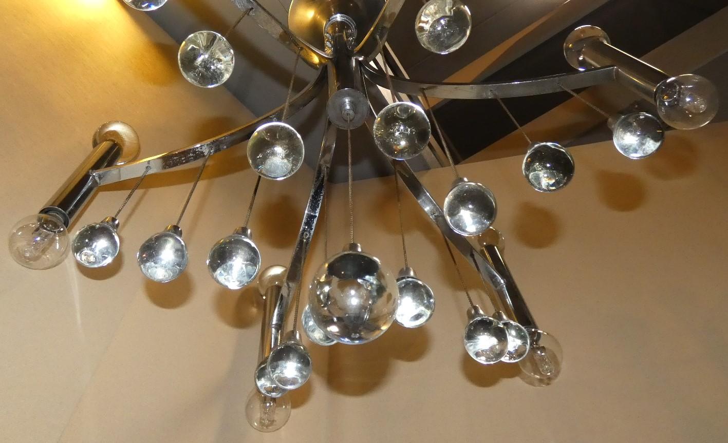 Plated Chromed Steel and Crystal 6-light Chandelier, Italy 1970s For Sale