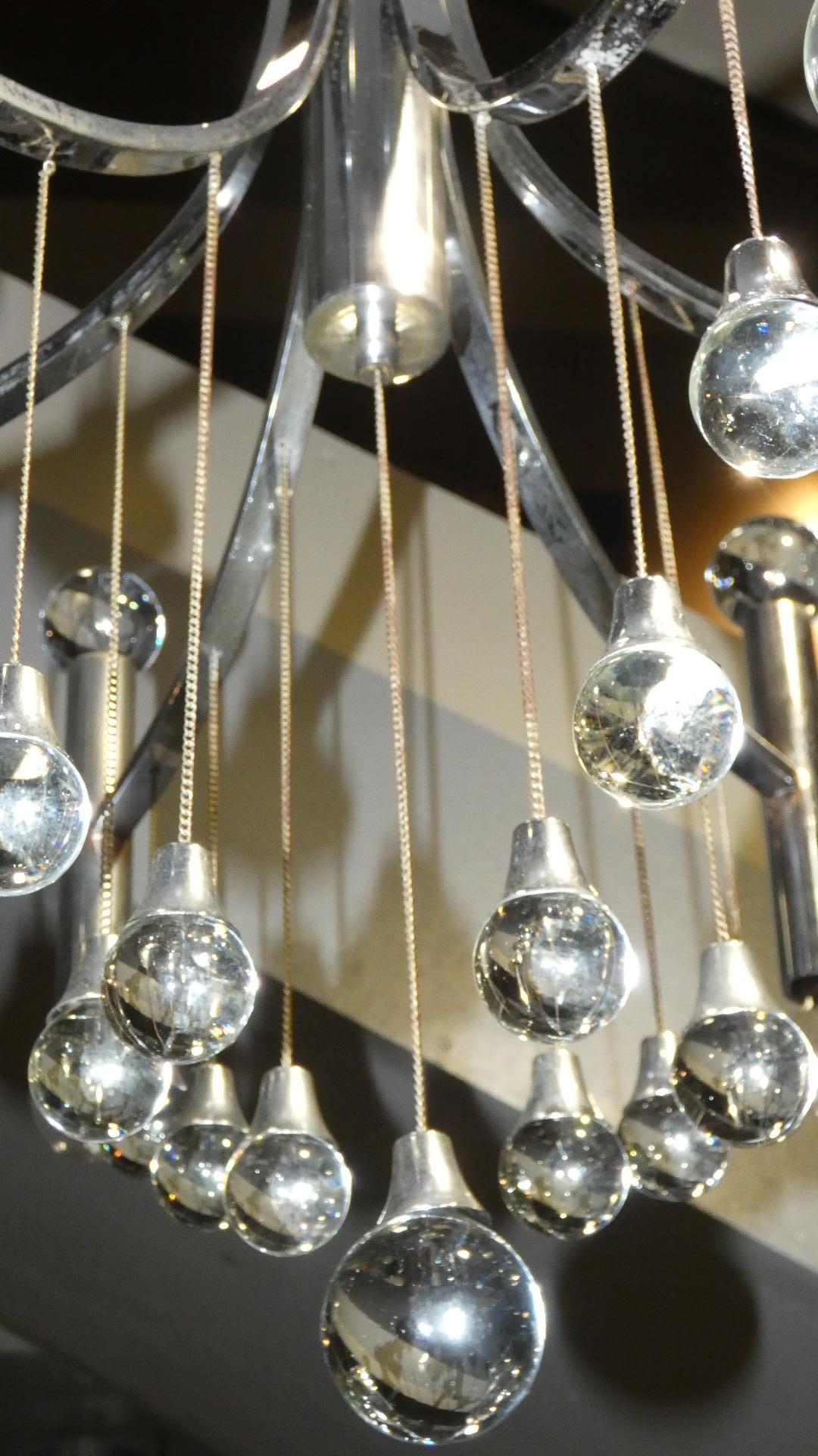 Chromed Steel and Crystal 6-light Chandelier, Italy 1970s For Sale 1