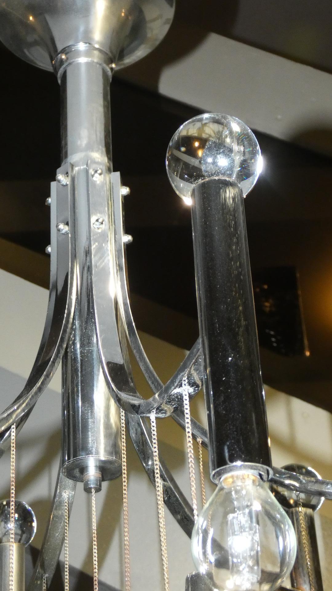 Chromed Steel and Crystal 6-light Chandelier, Italy 1970s For Sale 2