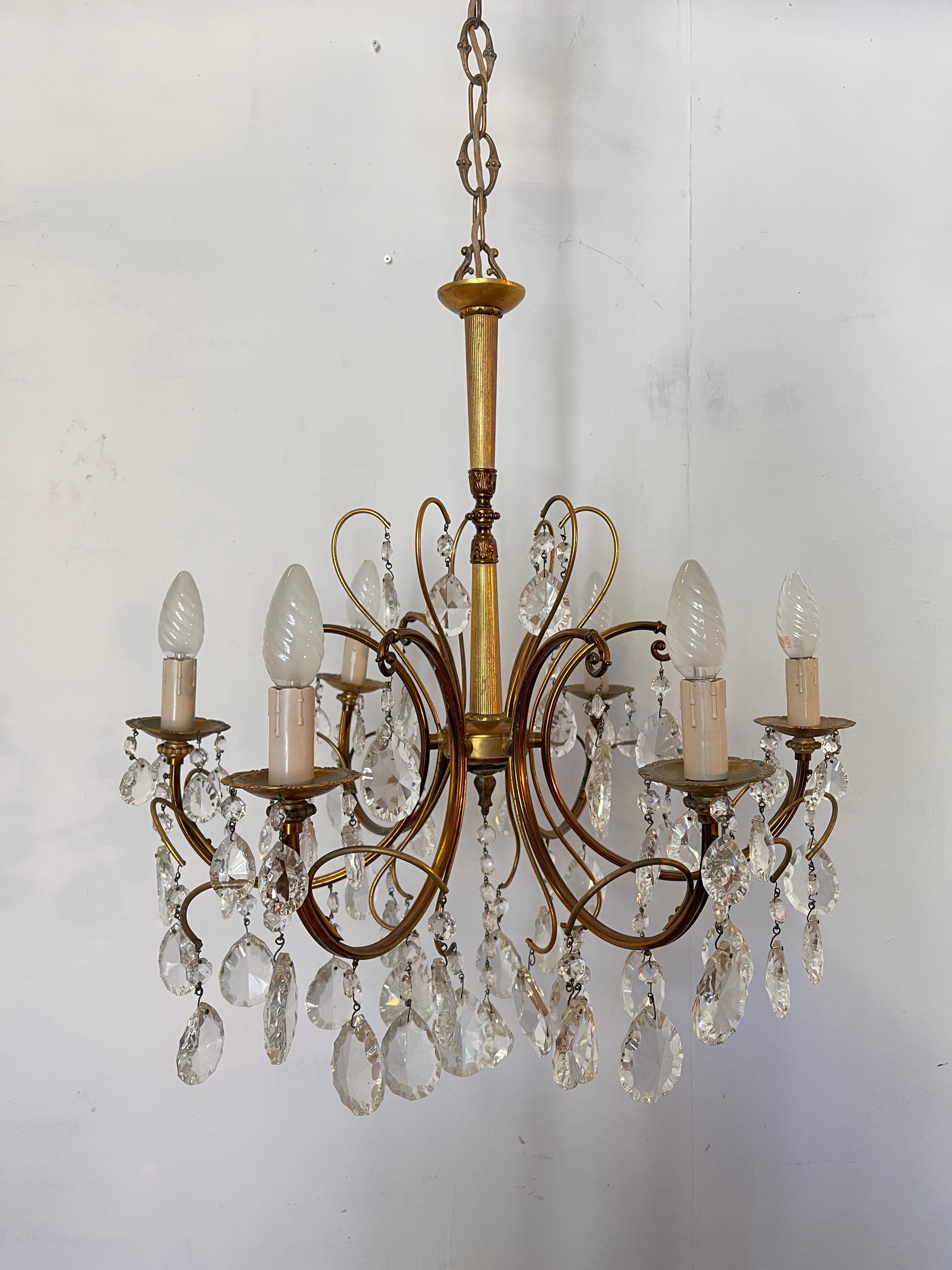 Lampadario a bracci e cristallo vintage anni '50 italian Otro en venta