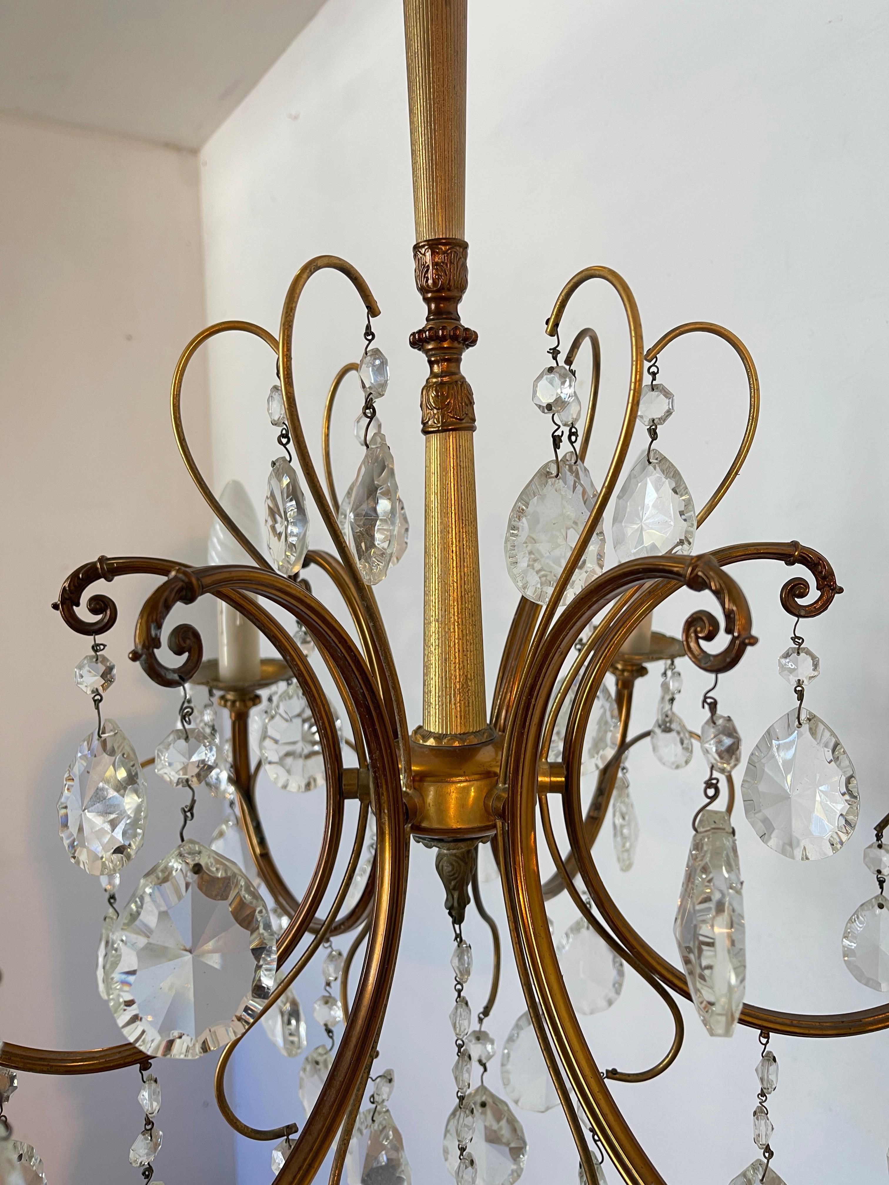 Lampadario a bracci e cristallo vintage anni '50 italian 20th Century en venta