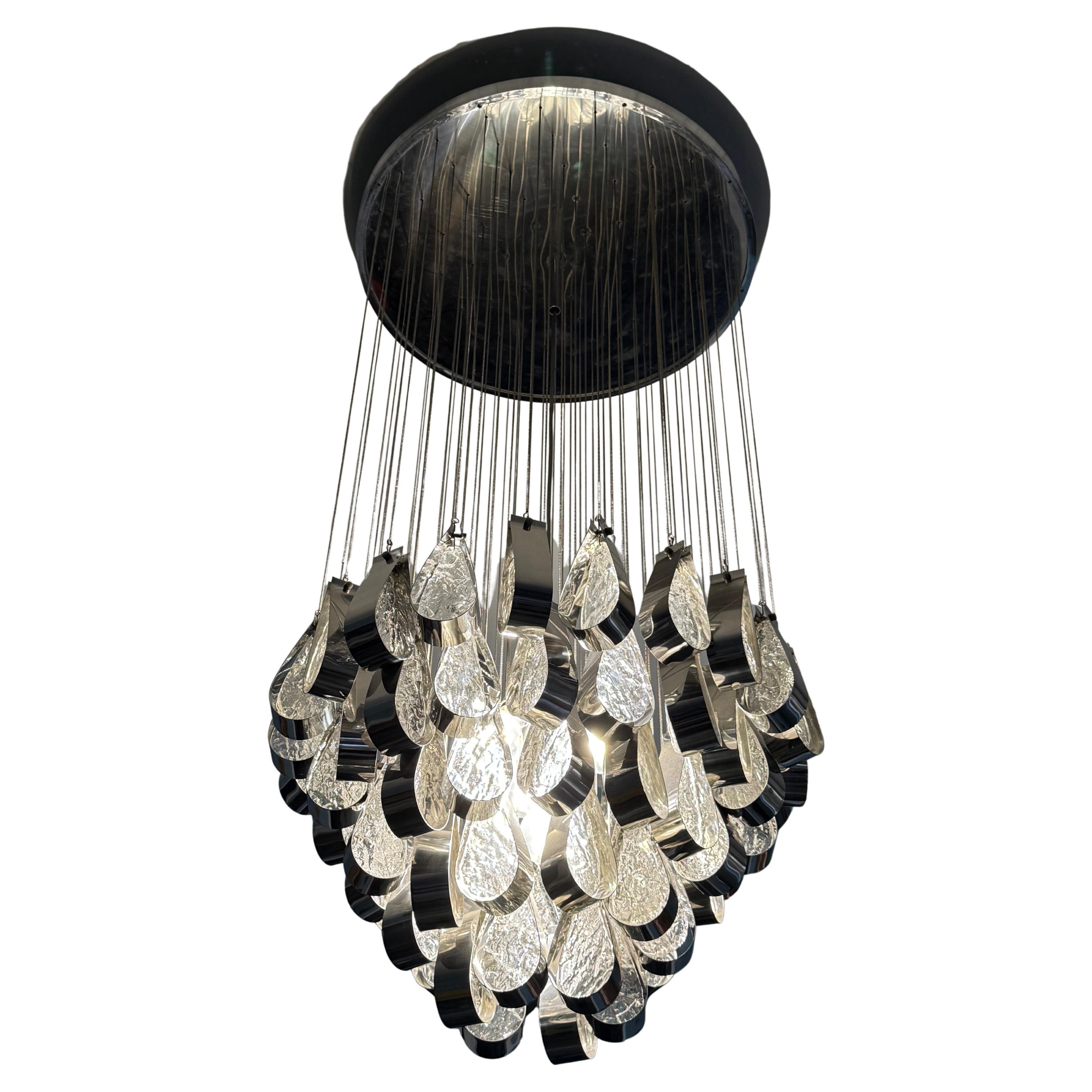 1970 Esperia Angelo Brotto Stahl und Muranoglas Kaskaden-Kronleuchter im Angebot