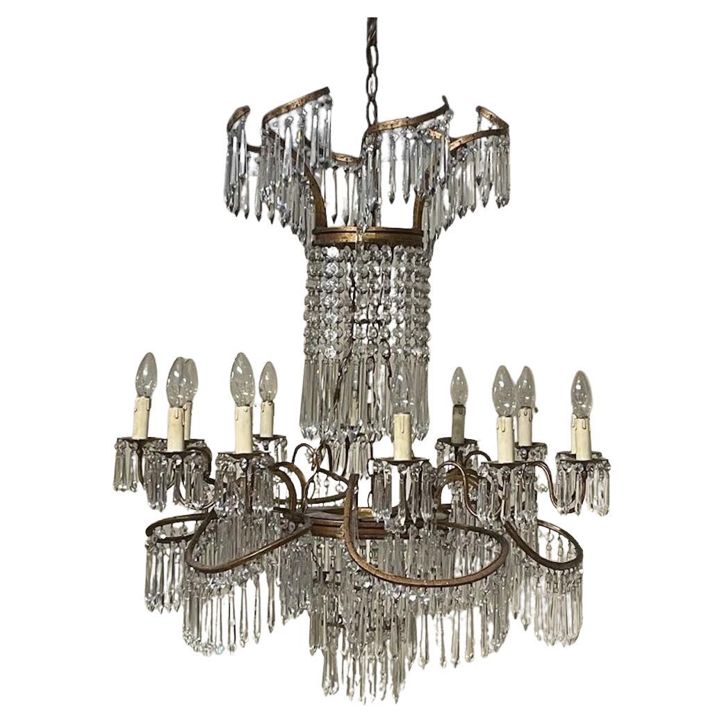 Lampadario a cascata neoclassico in vetro e bronzo sullo stile di K.F. Schinkel in vendita