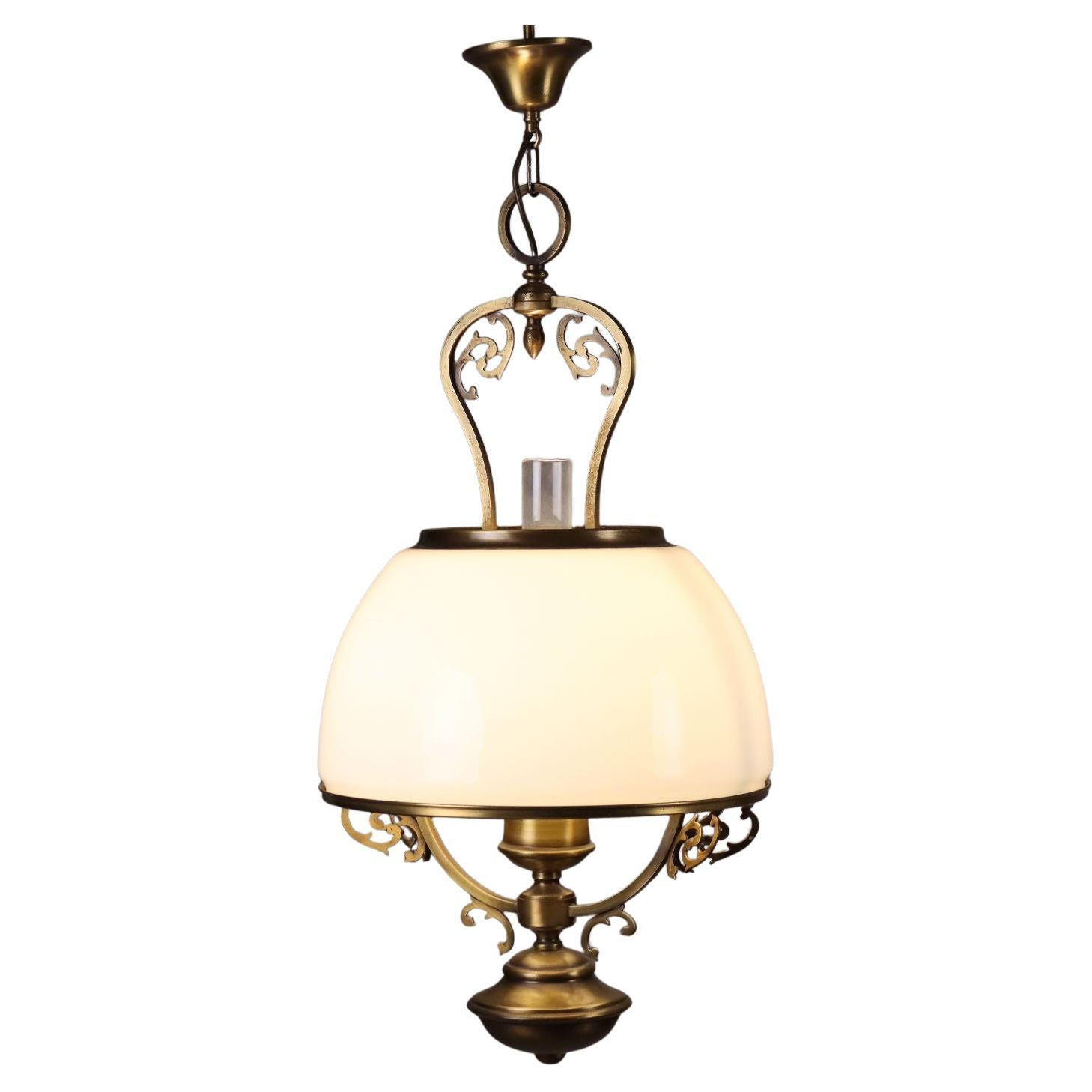 Mid-20th century lantern chandelier with white glass