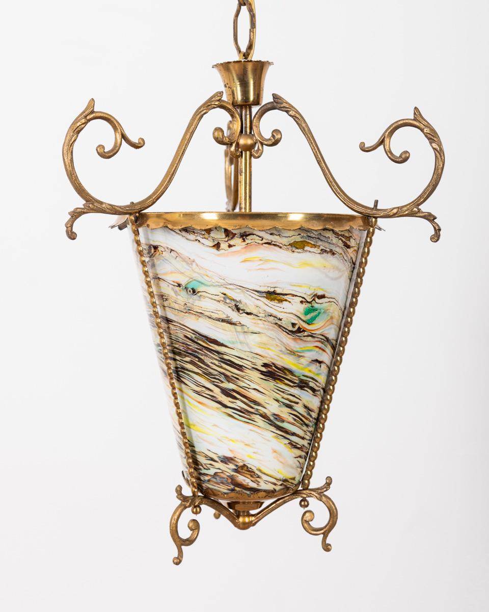 Mid-20th Century 1950s vintage lantern chandelier multicolor glass Italian design For Sale