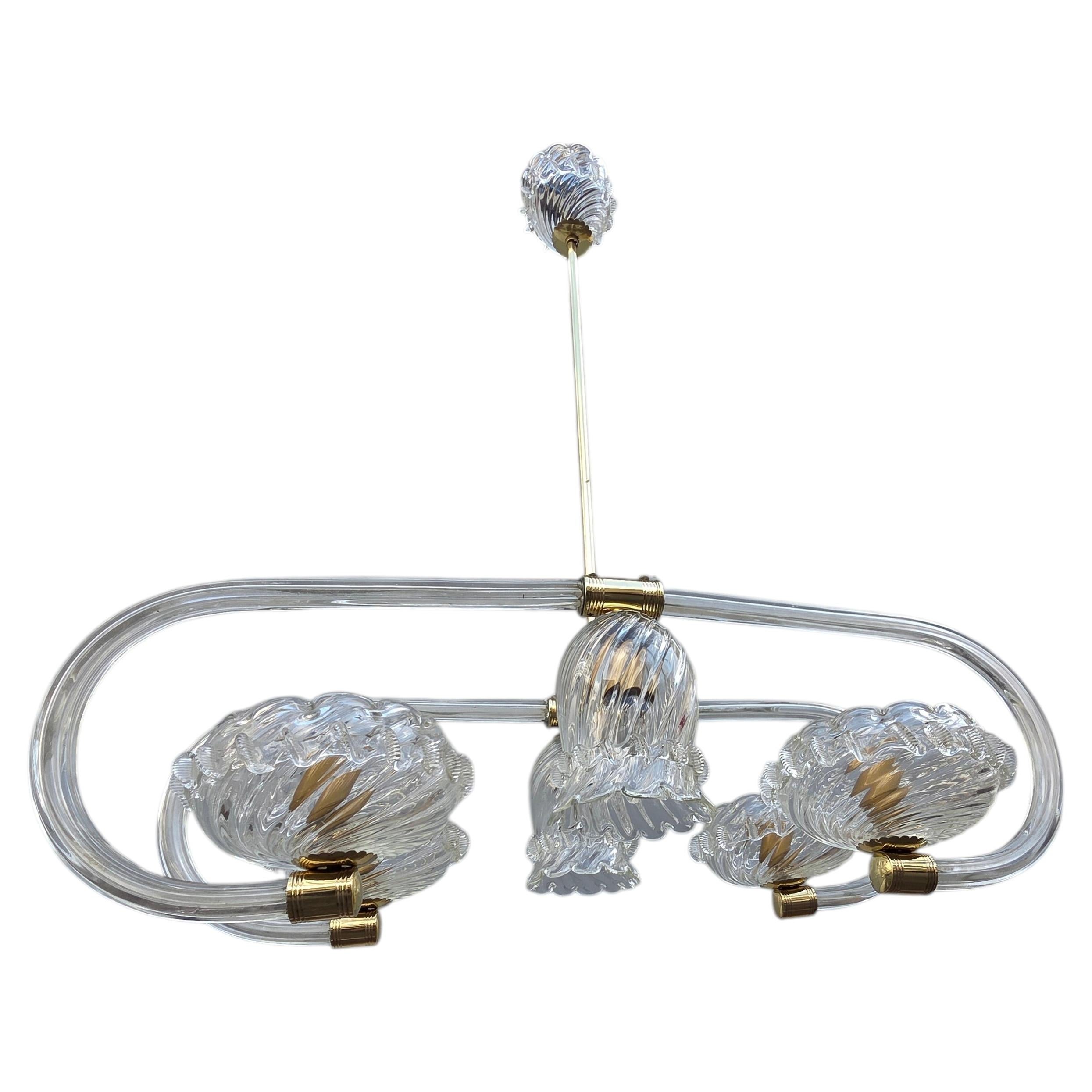 Barovier Murano Glass and Brass 1940 Shuttle Chandelier For Sale