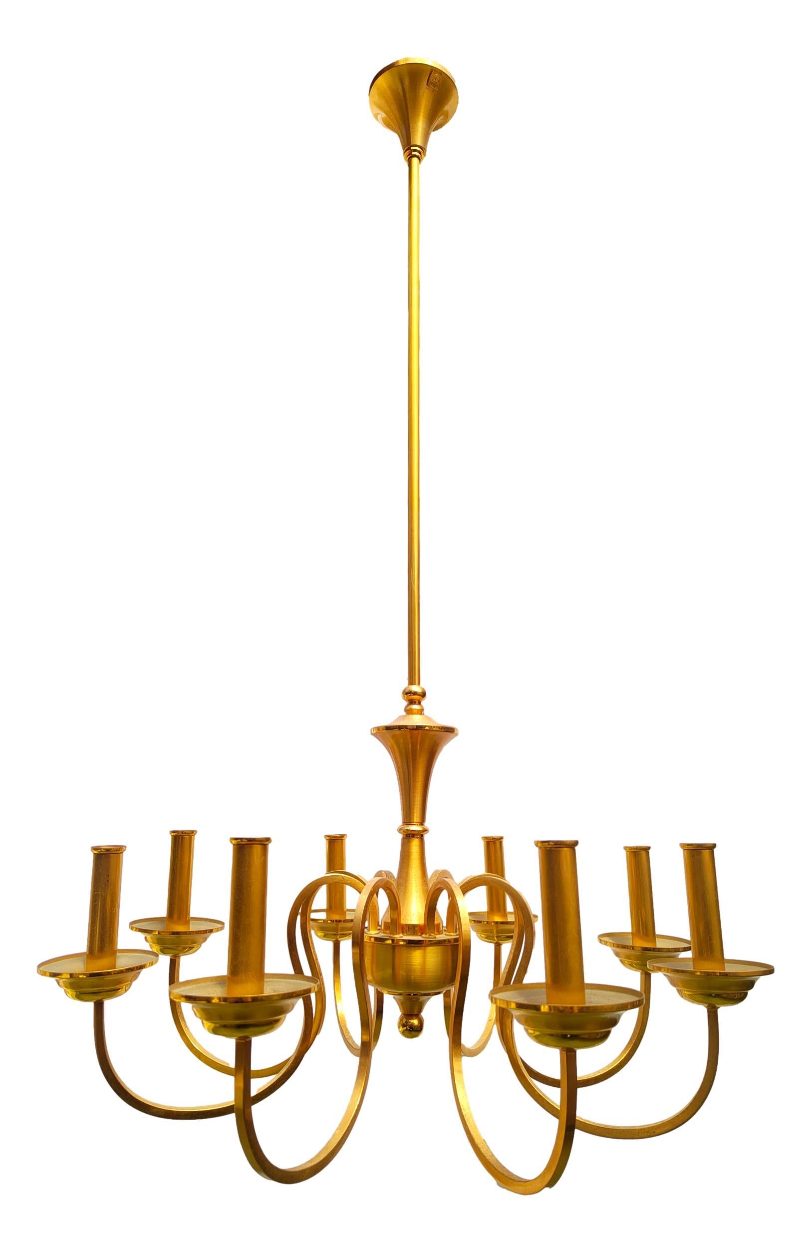 Mid-20th Century eight light chandelier design oscar torlasco for lumi milano 1950s signed For Sale