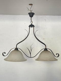 "Luce d'Autore" 2-light bronze and frosted glass pendant chandelier, 1970s