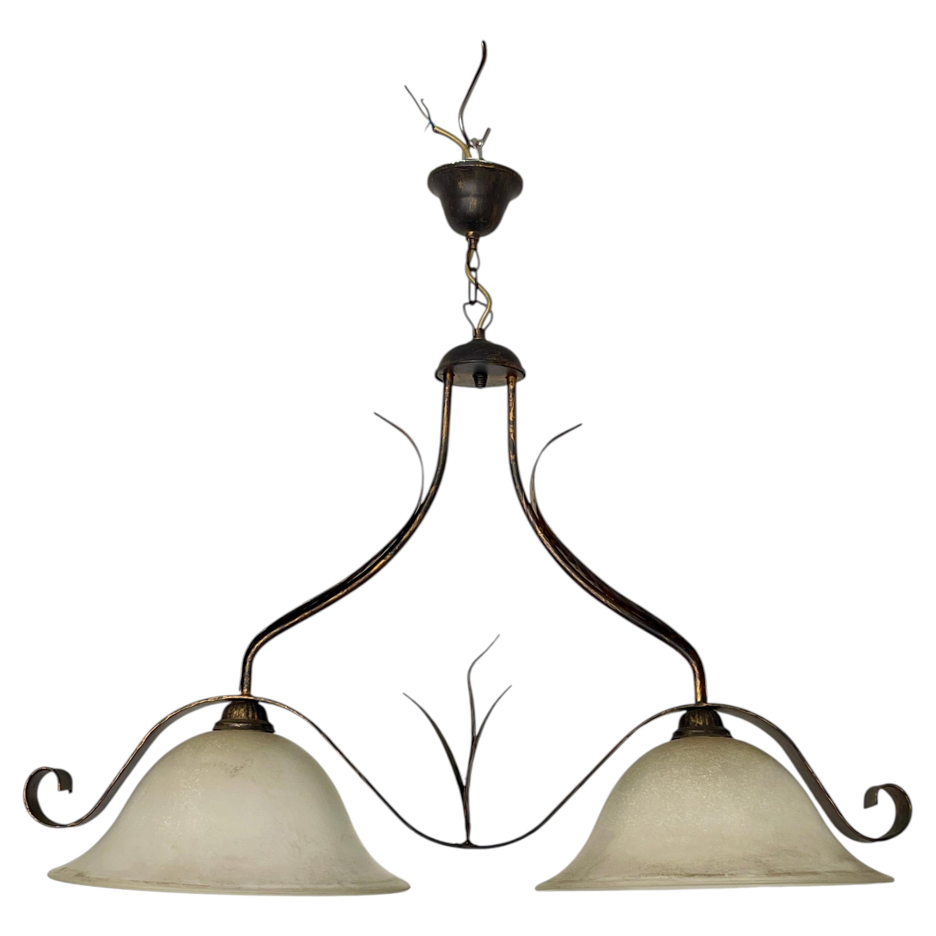 "Luce d'Autore" 2-light bronze and frosted glass pendant chandelier, 1970s For Sale