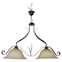 "Luce d'Autore" 2-light bronze and frosted glass pendant chandelier, 1970s