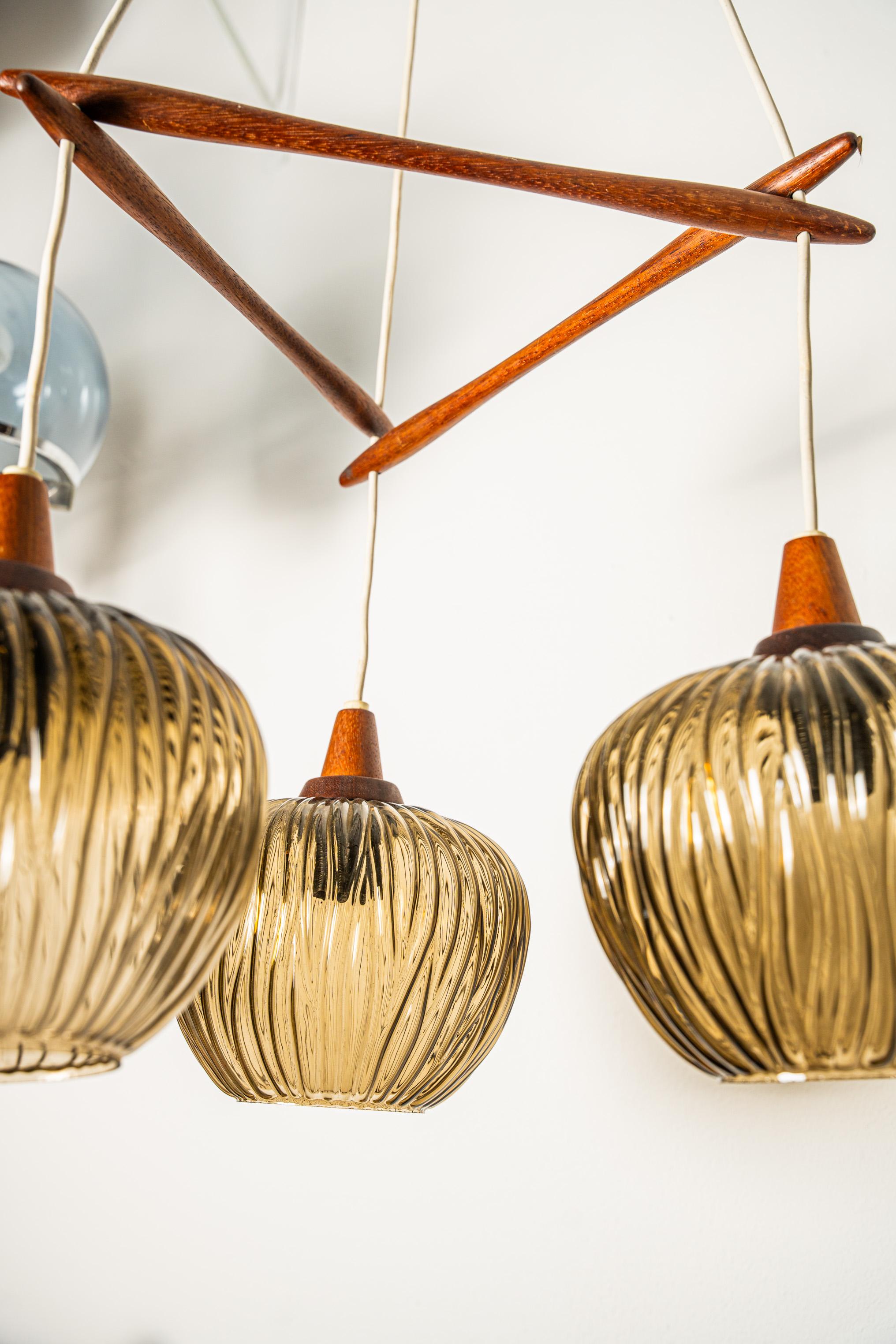 Glass Wood and glass pendant chandelier, Italy, 1950s For Sale