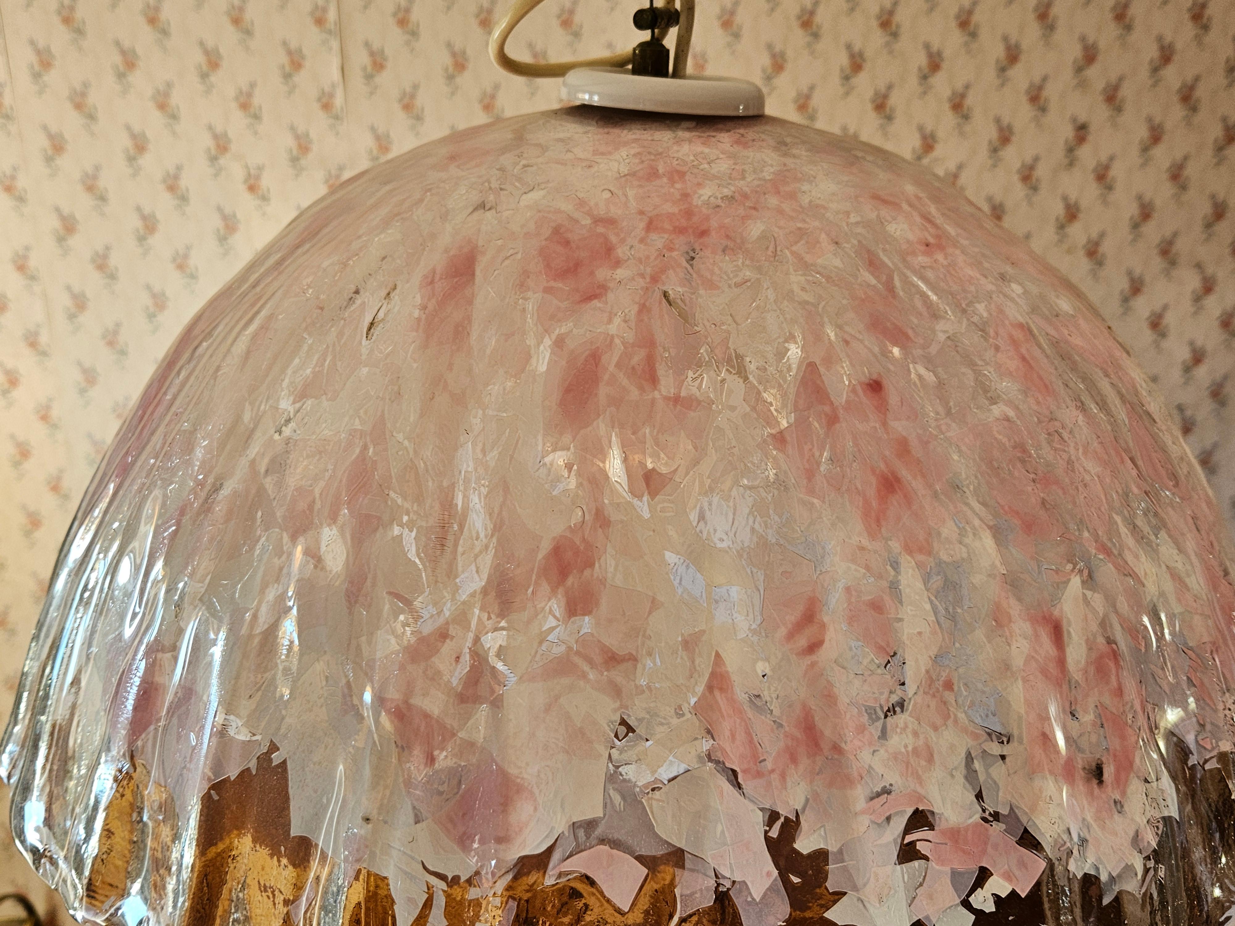 Lampadario a sospensione in vetro di Murano trasparente e rosa del 1970 4