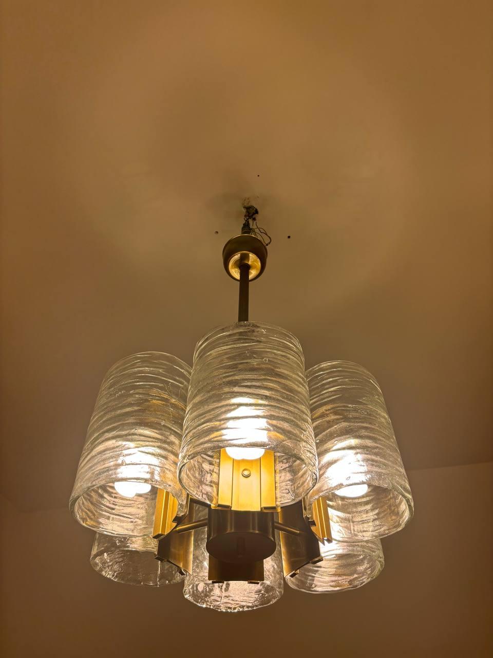 Italian Chandelier  in brass Murano glass Carlo Nason Pierre Cardin 1969 For Sale