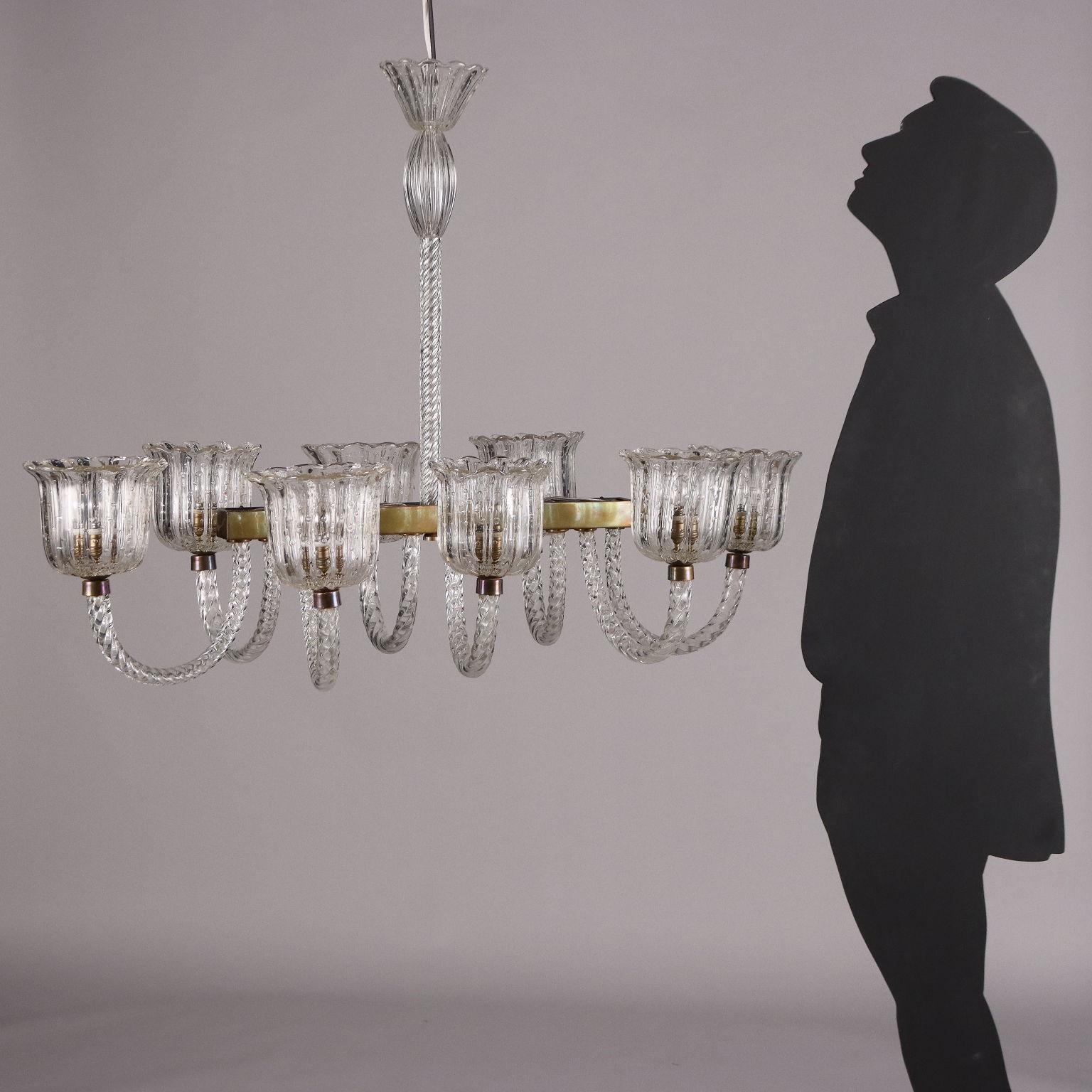 Mid-Century Modern 1940s Italian Manufacture Chandelier, Murano Glass For Sale