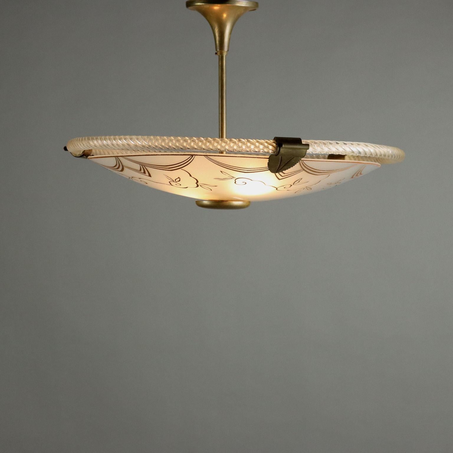 Italian Lampadario  Anni 50 in vetro acidato e ottone For Sale