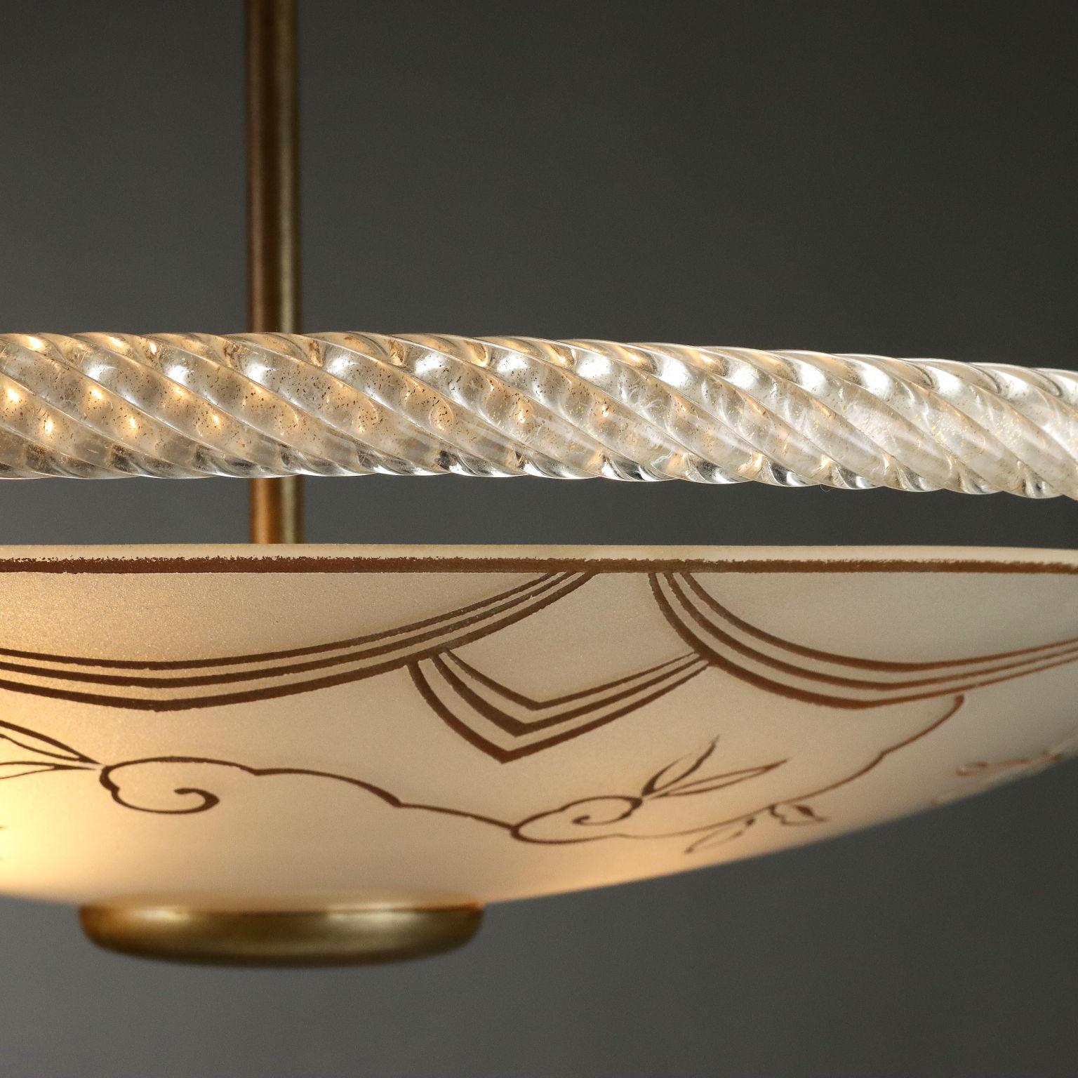 Mid-20th Century Lampadario  Anni 50 in vetro acidato e ottone For Sale