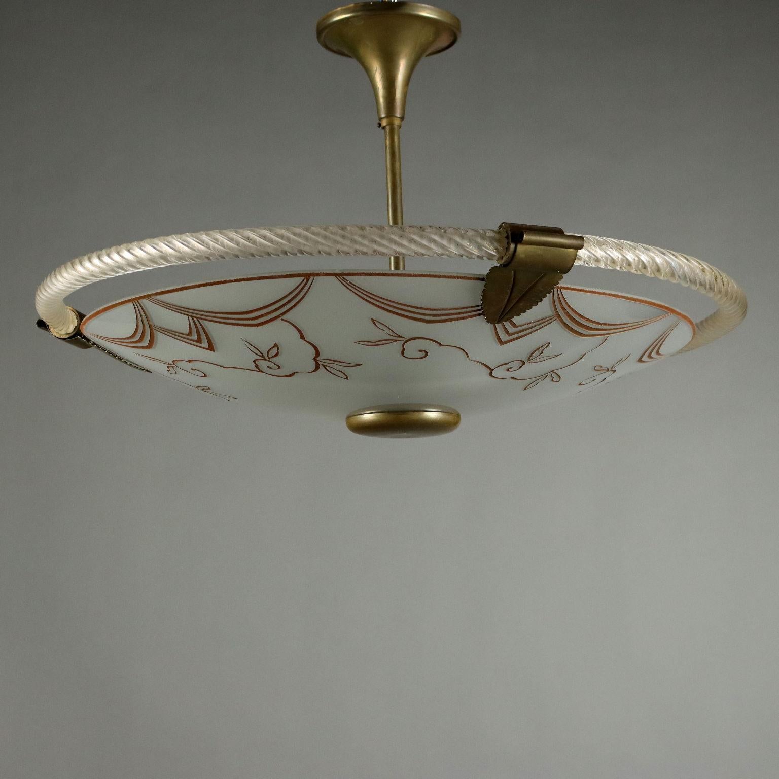 Brass Lampadario  Anni 50 in vetro acidato e ottone For Sale