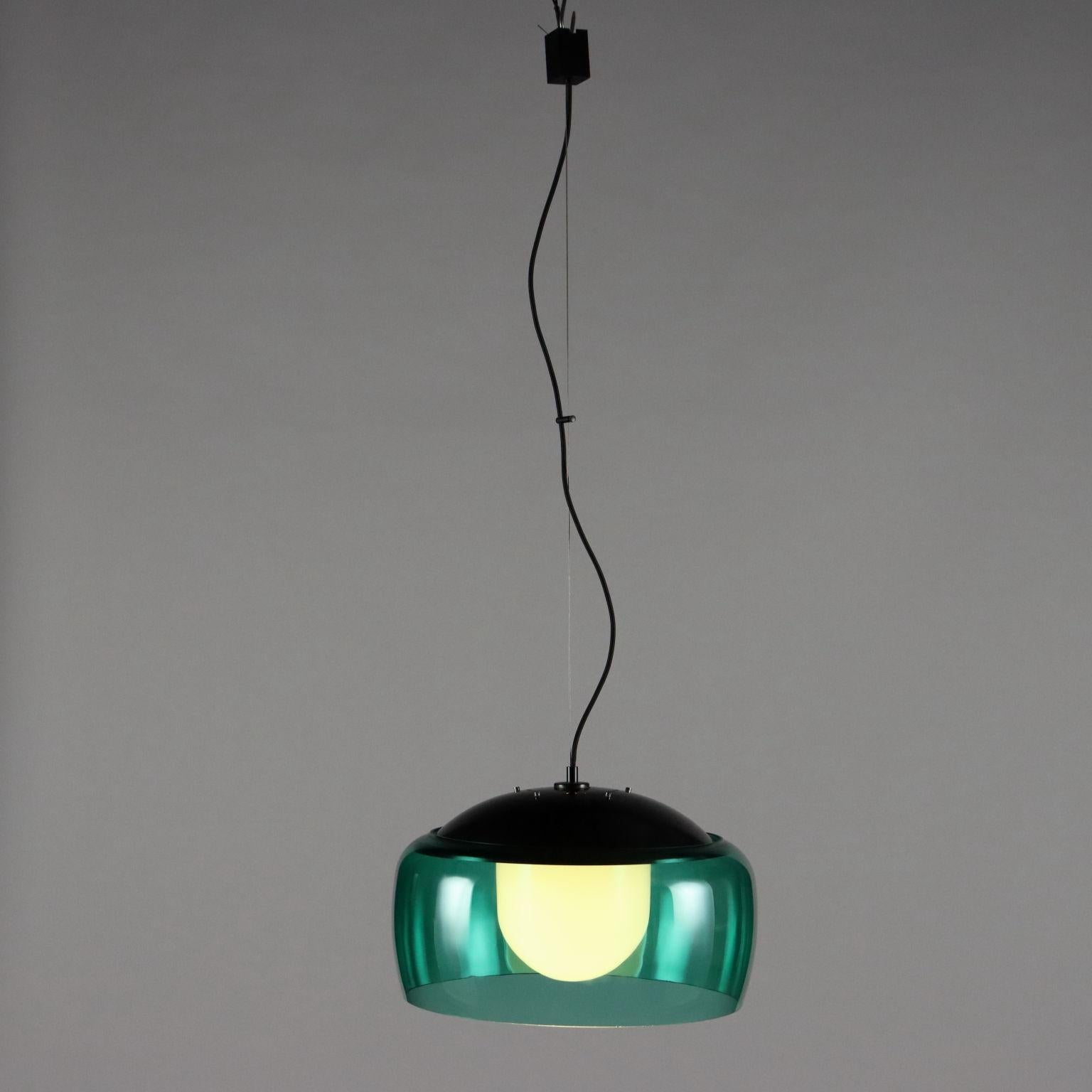 Green and white glass and enameled aluminum ceiling lamp.