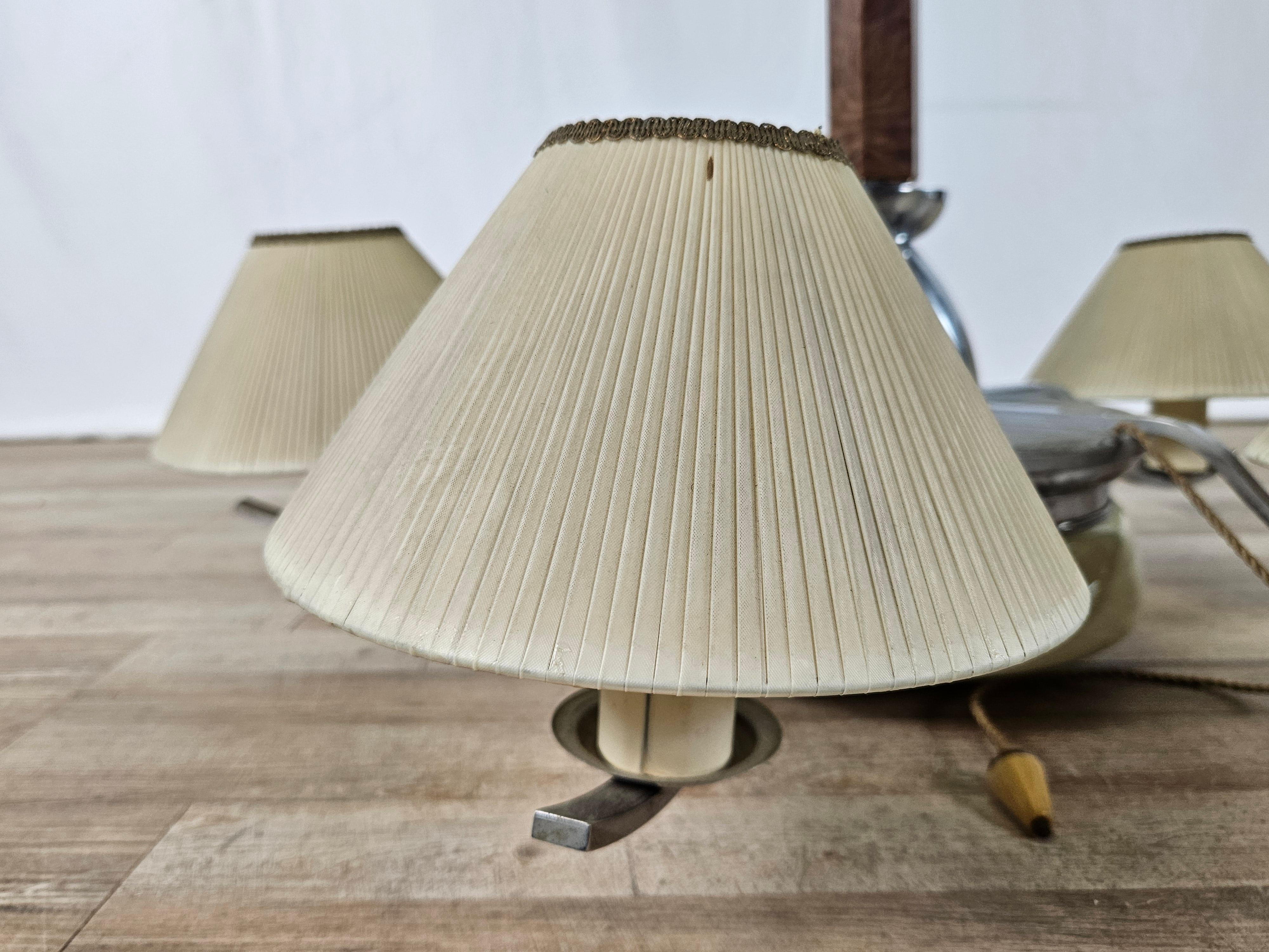 Lampadario Art Decò anni '30 in acciaio, vetro e radica en venta 3