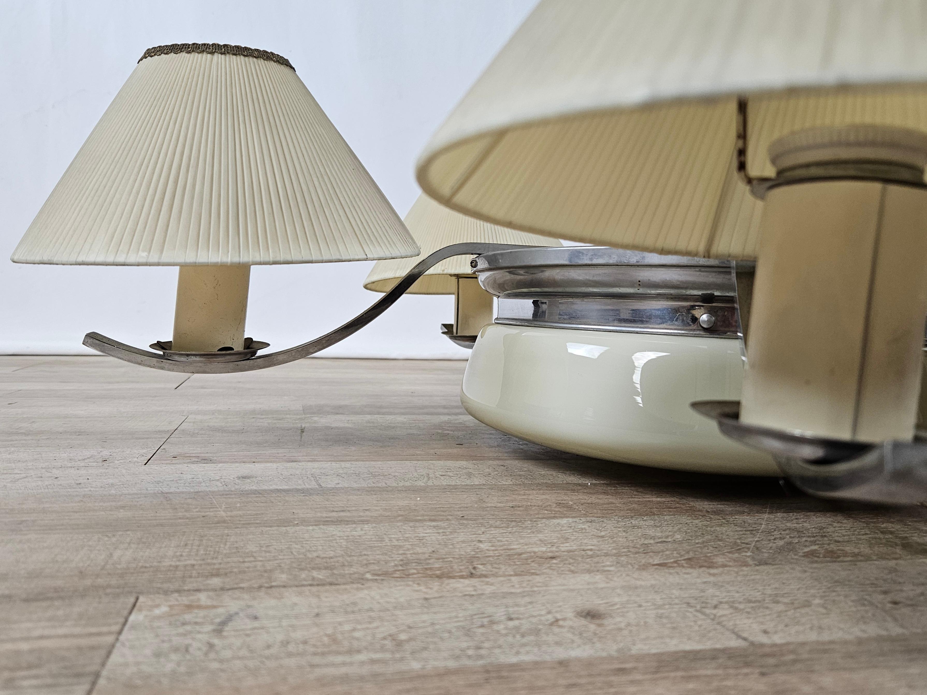 Lampadario Art Decò anni '30 in acciaio, vetro e radica en venta 6