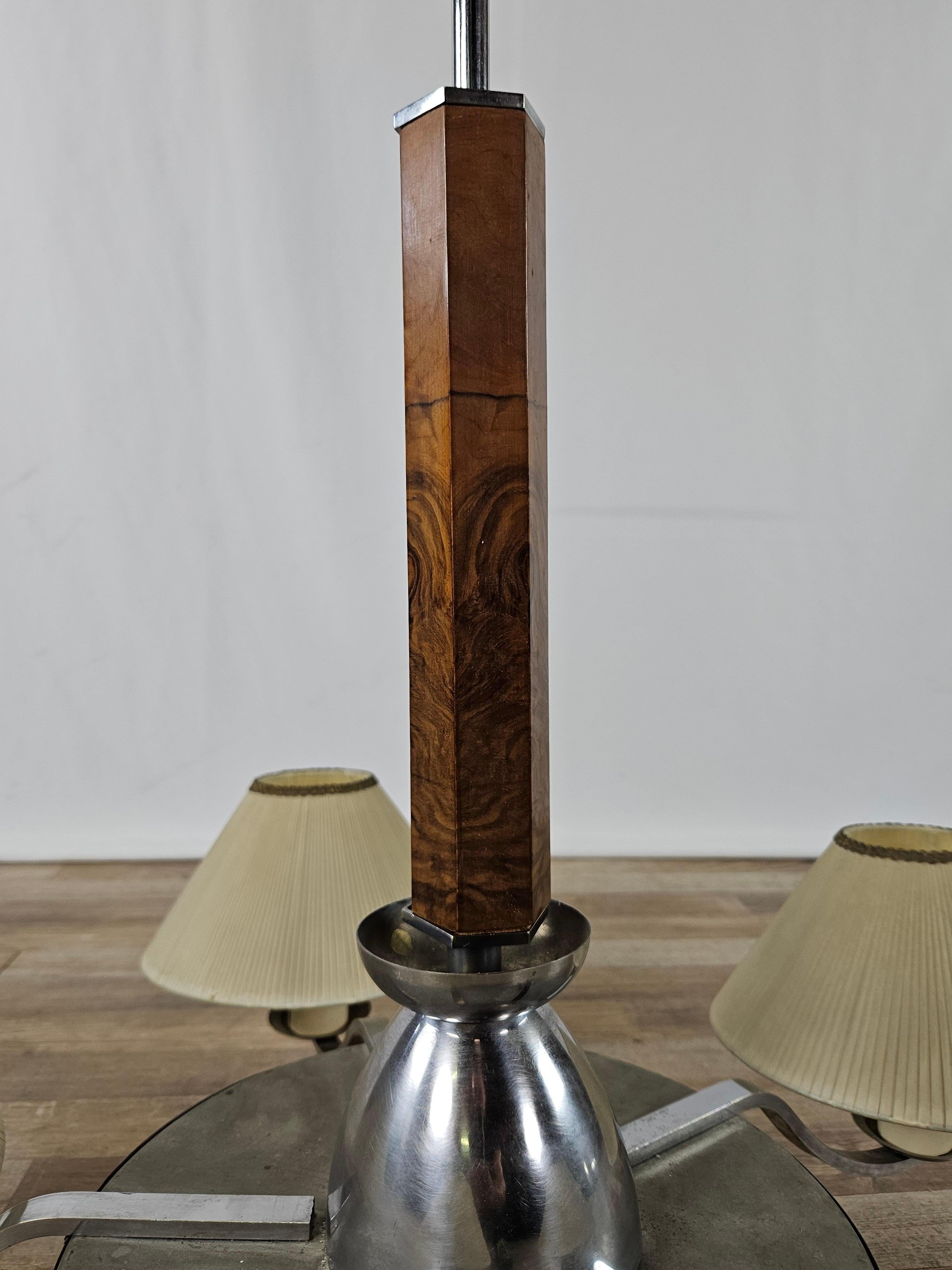 Lampadario Art Decò anni '30 in acciaio, vetro e radica en venta 7