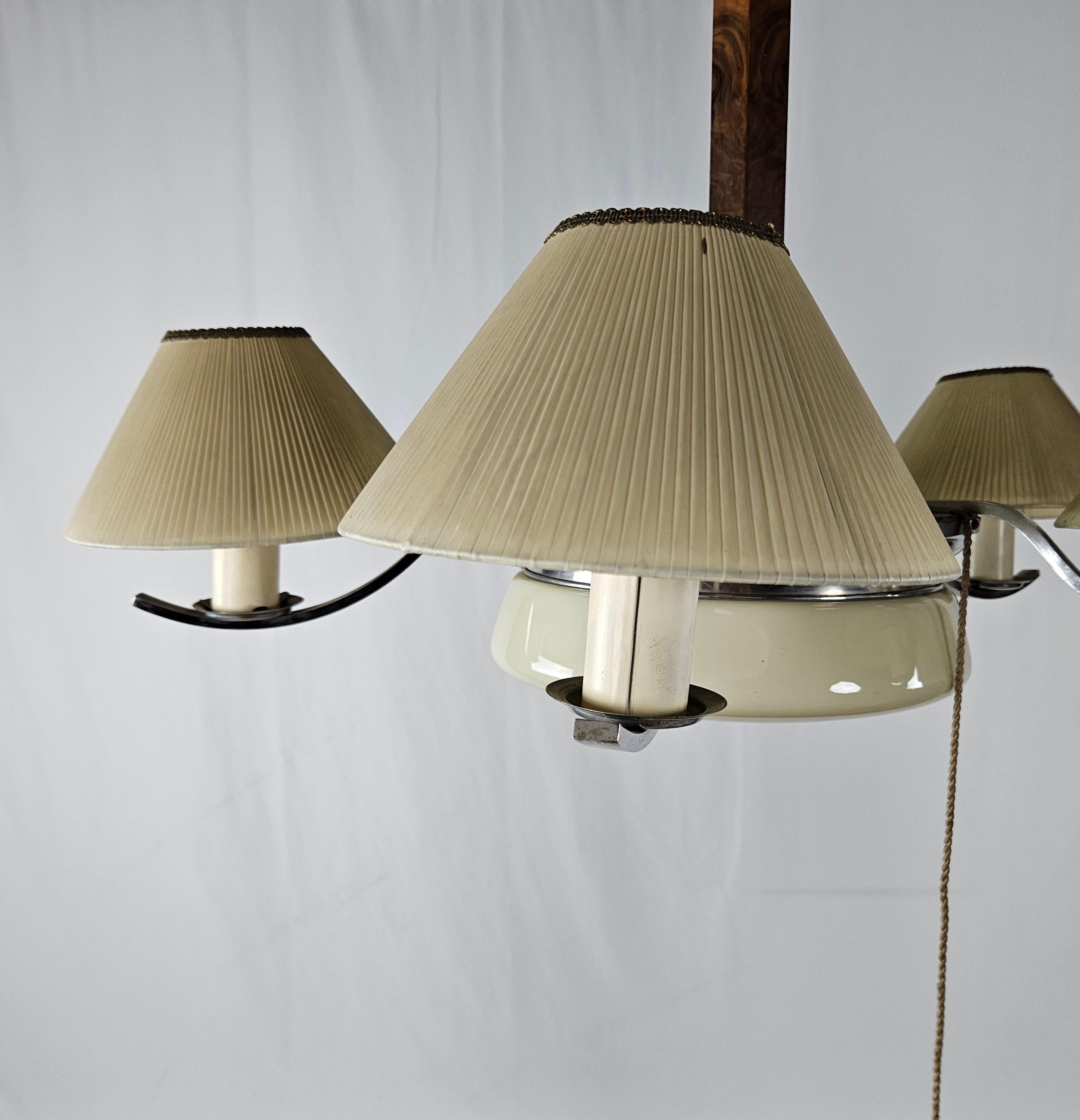 Lampadario Art Decò anni '30 in acciaio, vetro e radica Italian en venta