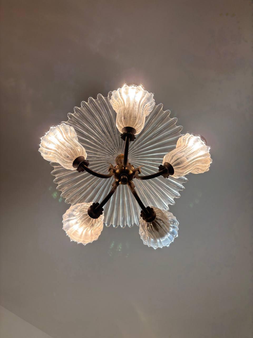 Laiton Lustre Art Déco Ercole Barovier Venini en verre de Murano 1940 en vente