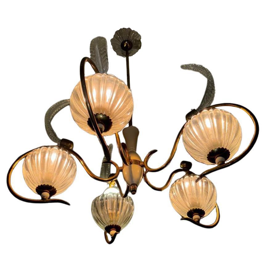 Lampadario Art Deco in ottone con Vetro di Murano di Ercole Barovier Venini 1940