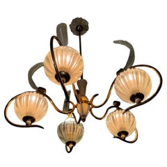 Lampadario Art Deco in ottone con Vetro di Murano di Ercole Barovier Venini 1940