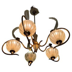 Art Deco brass chandelier with Murano glass by Ercole Barovier Venini 1940s