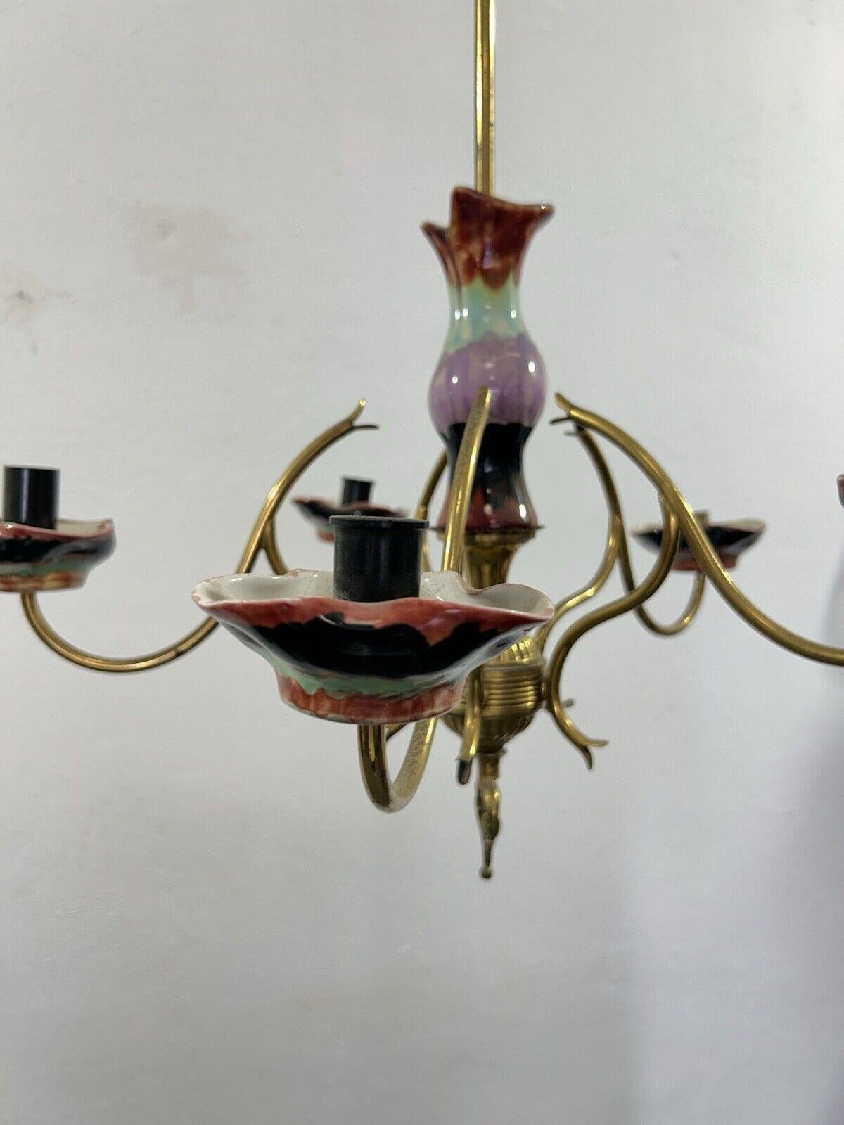 Lustre à 5 lumières en laiton et céramique polychrome Design 1960's Bon état - En vente à Taranto, IT