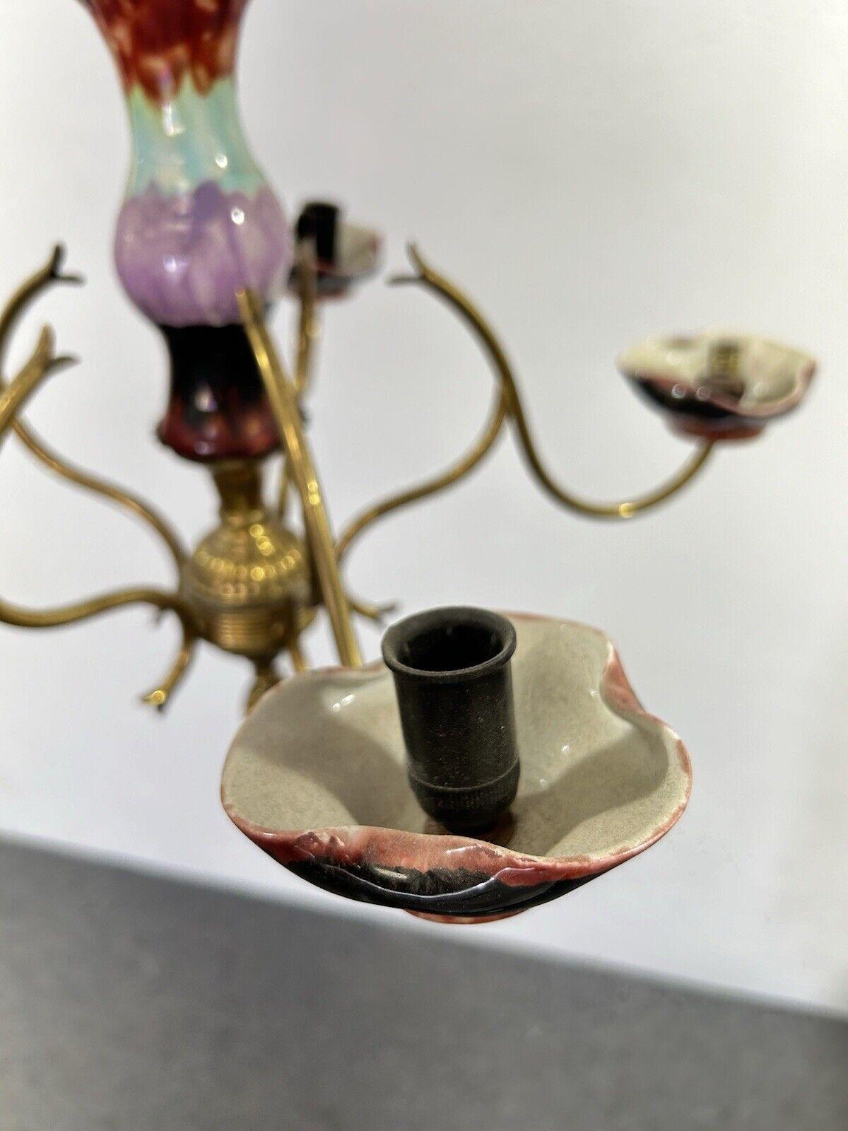 Lustre à 5 lumières en laiton et céramique polychrome Design 1960's en vente 1