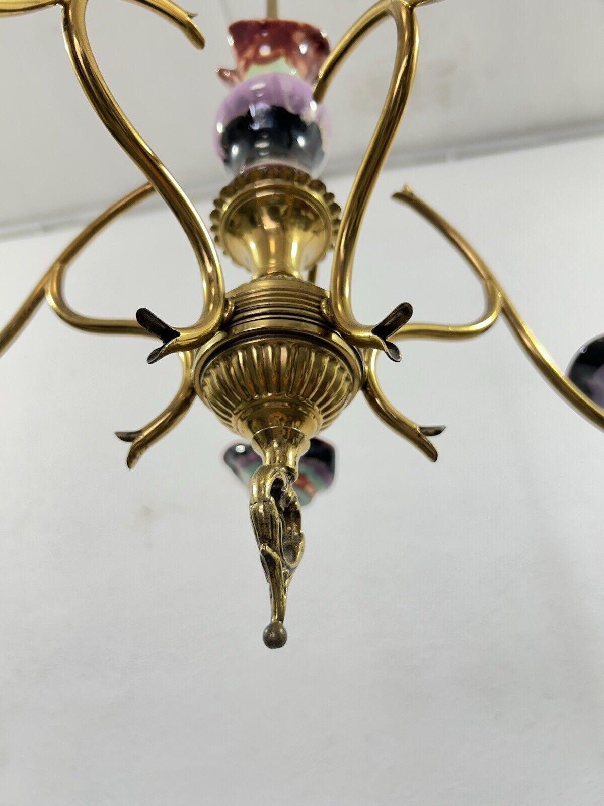 Lustre à 5 lumières en laiton et céramique polychrome Design 1960's en vente 2