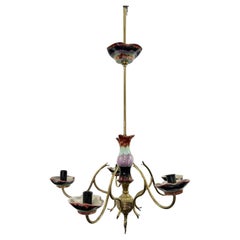 Lampadario Ceramica Policroma Ottone 5 Luci Design 1960’s