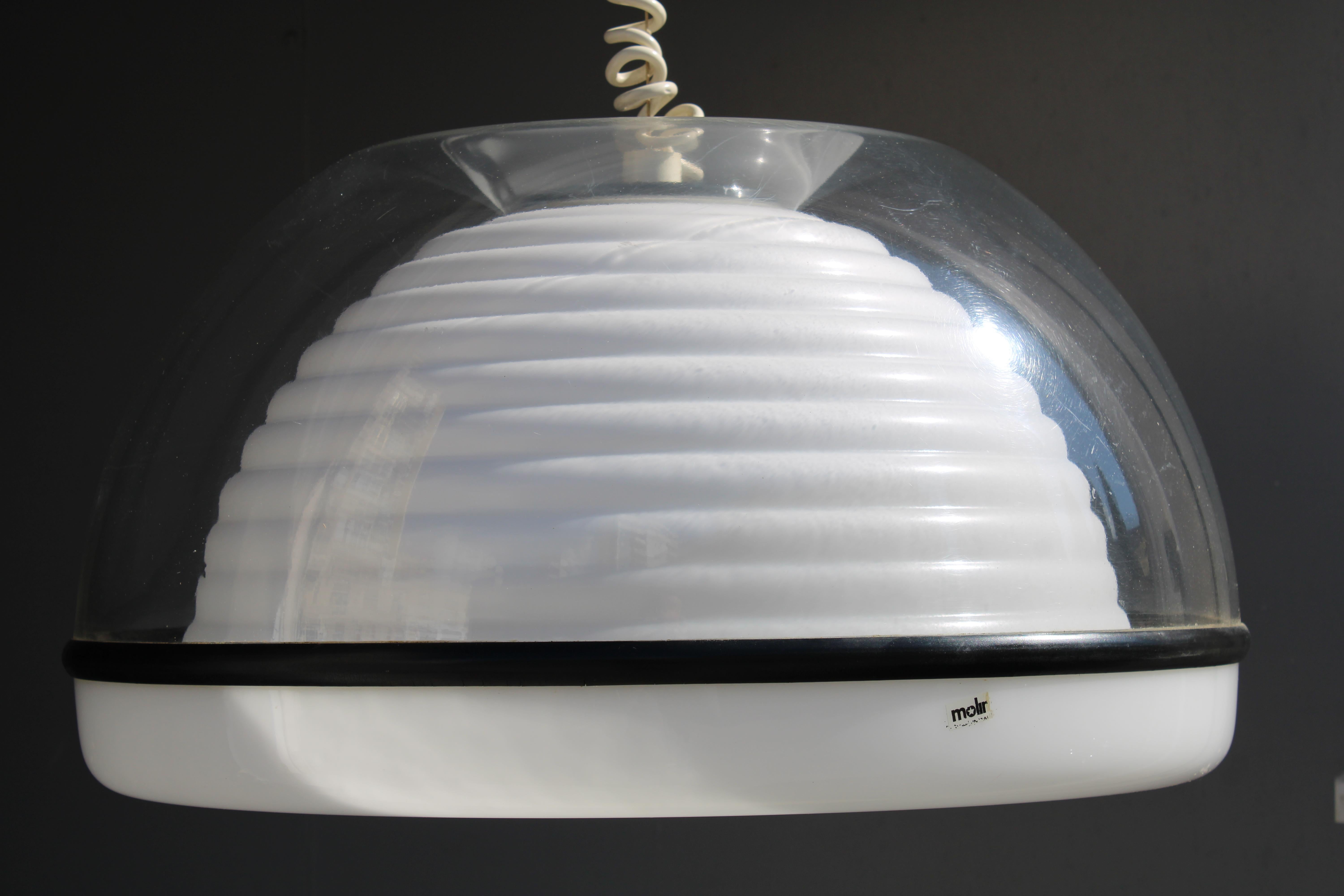 Lampadario con calotta trasparente e Ondulata Bianca Italia 1970 Sottsass Stile in vendita 6