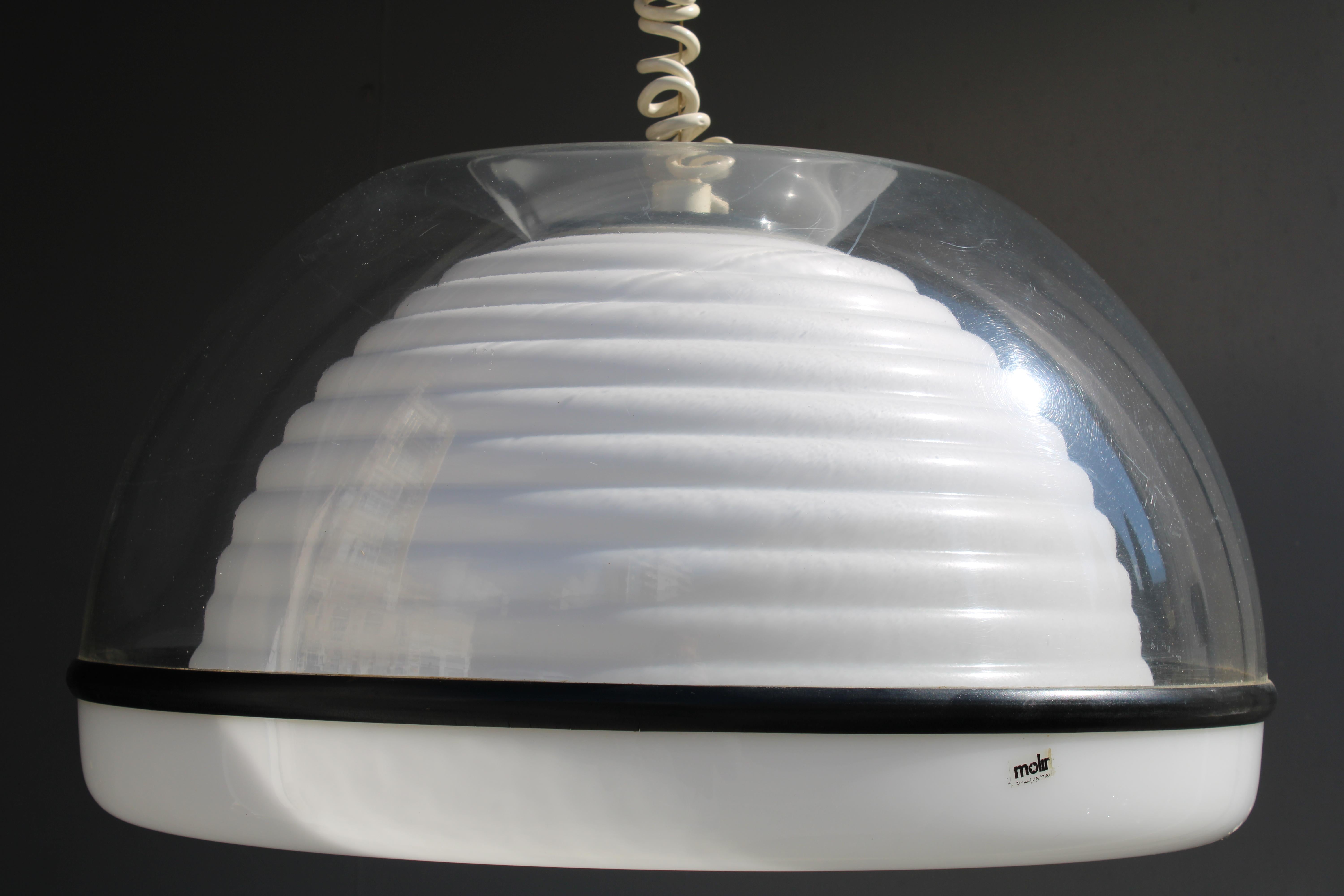 Plastica Lampadario con calotta trasparente e Ondulata Bianca Italia 1970 Sottsass Stile in vendita