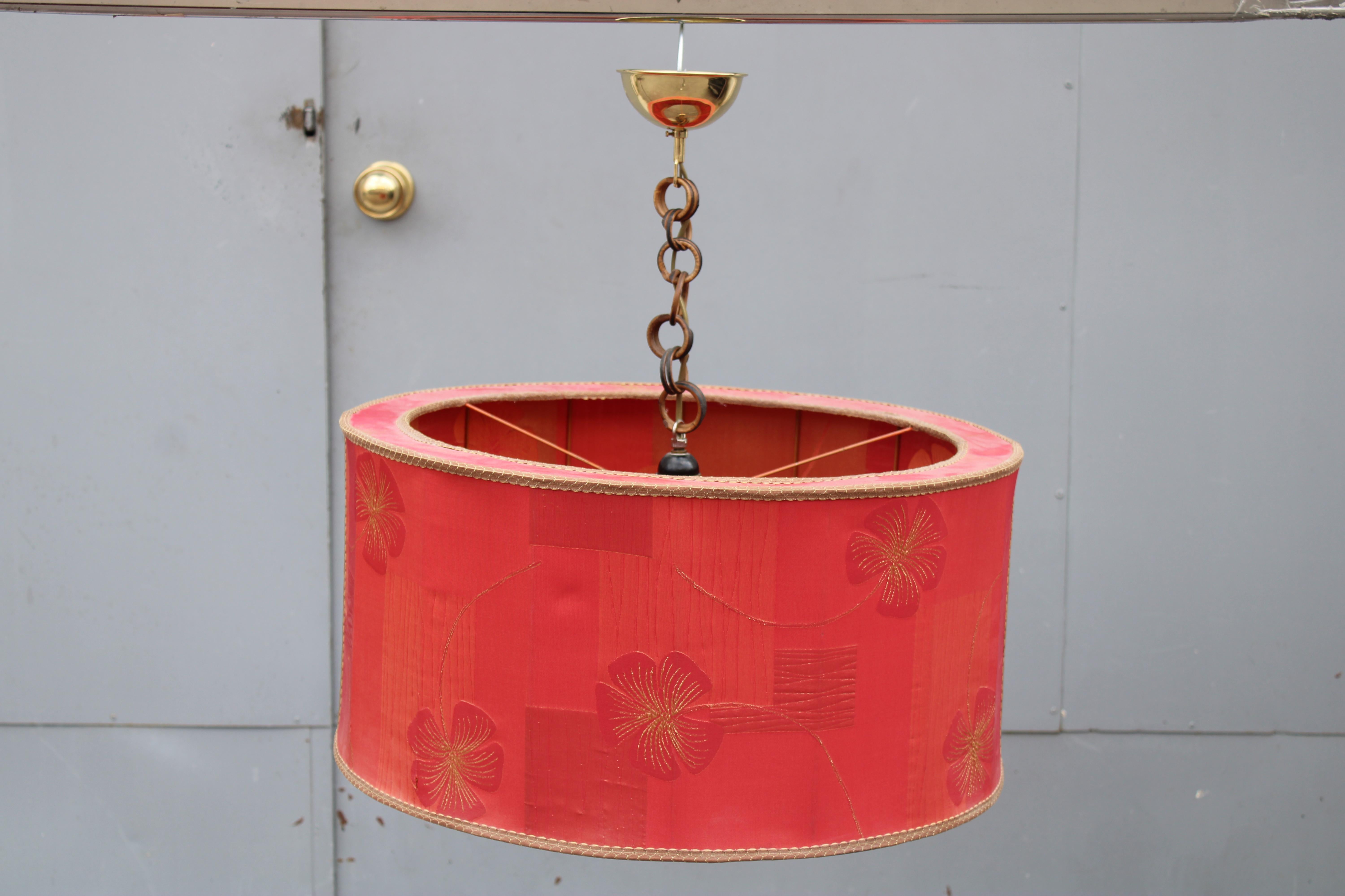 Dome chandelier with red floral fabric chain bamboo and brass, Italian design 1950s.