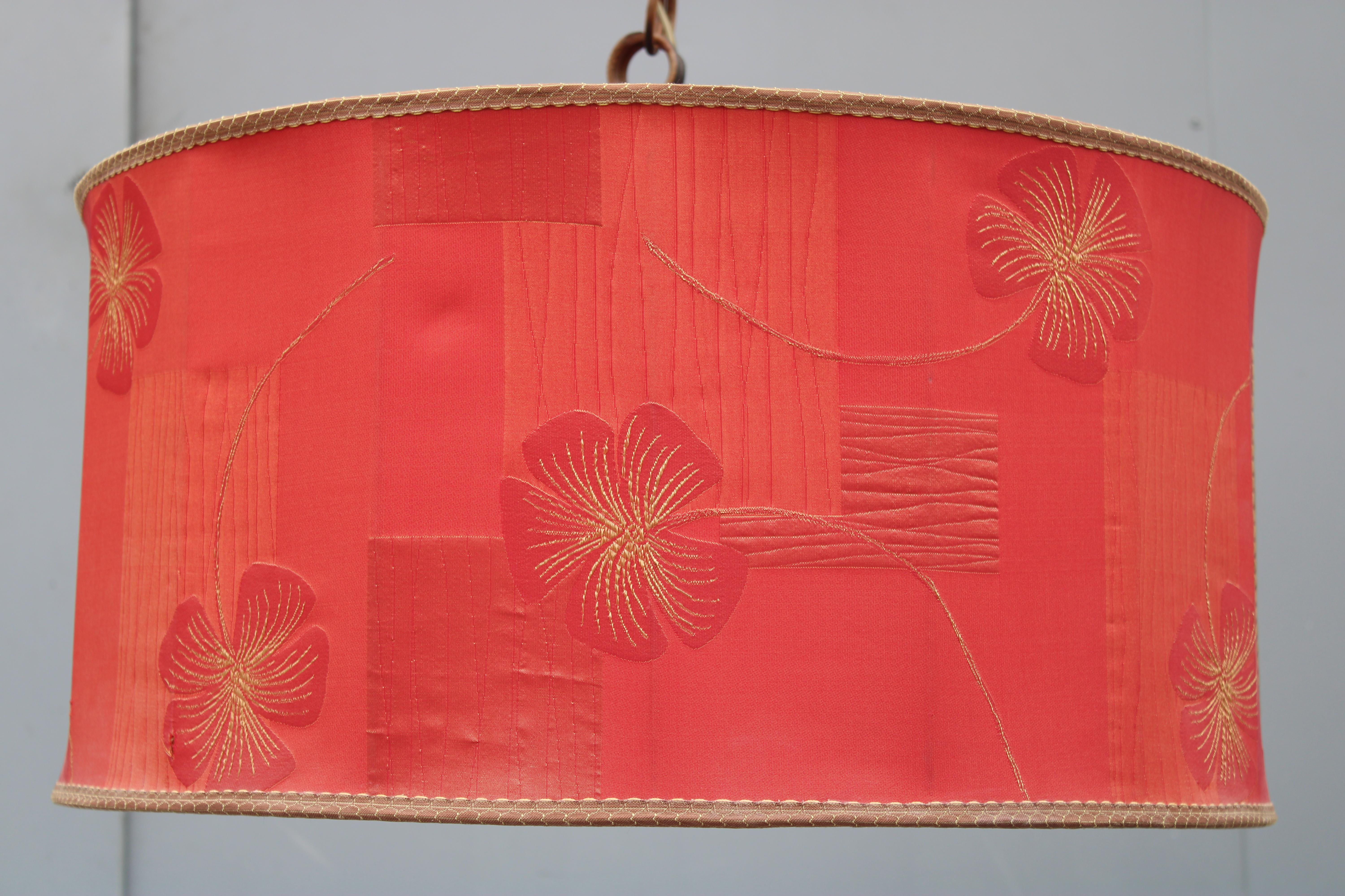 Mid-Century Modern Red fabric dome chandelier with flowers Mid-century italian design brass For Sale
