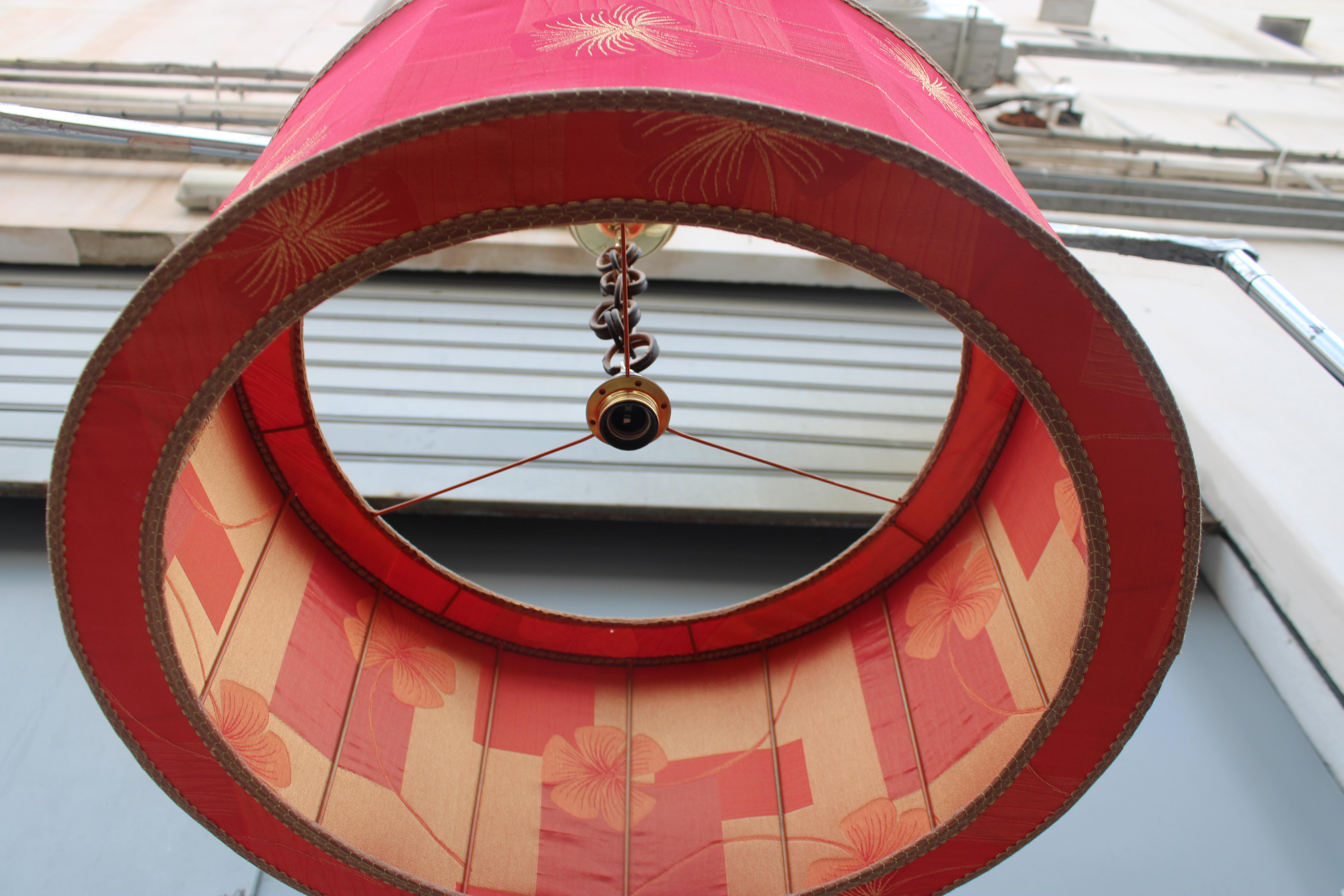Italian Red fabric dome chandelier with flowers Mid-century italian design brass For Sale