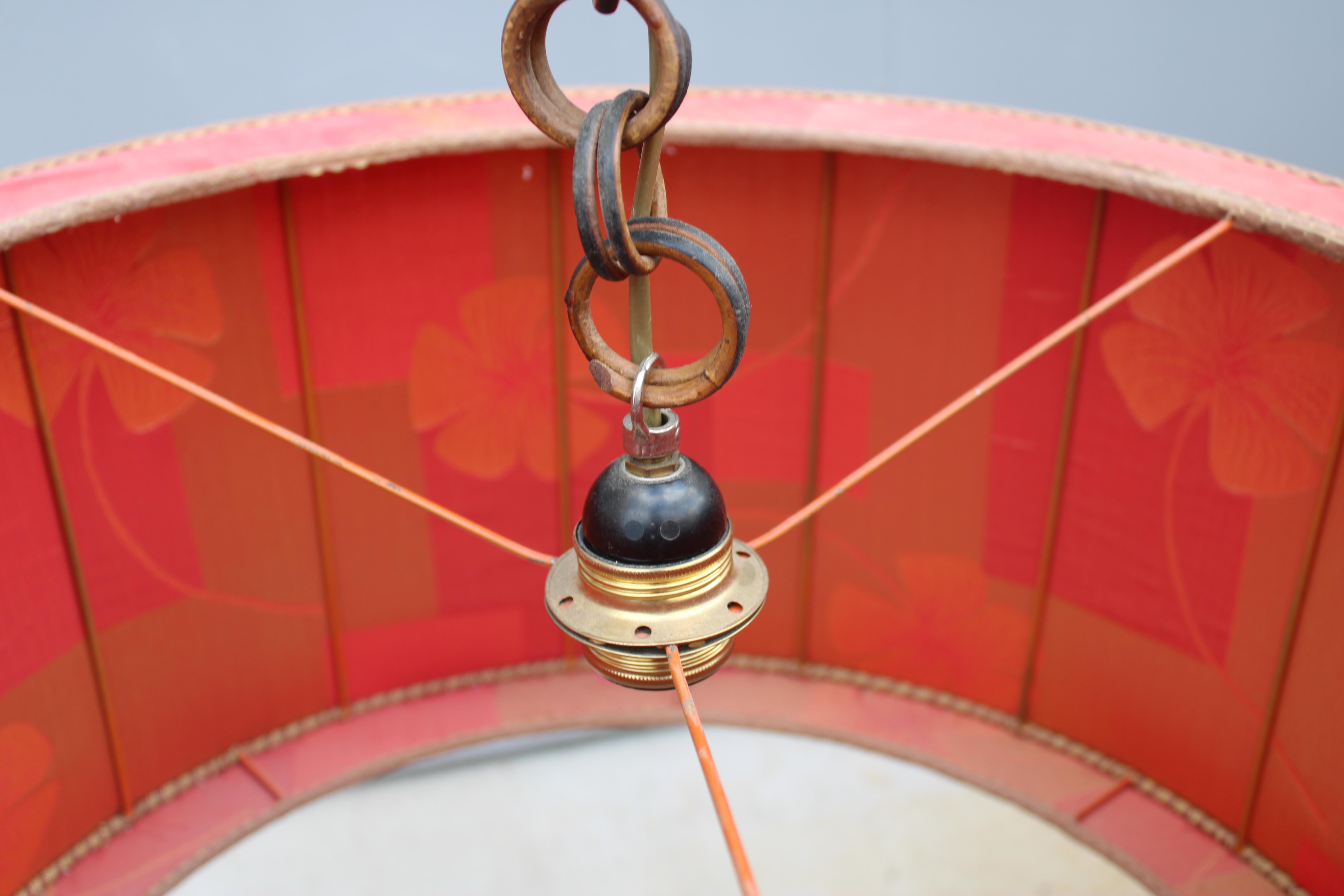 Mid-20th Century Red fabric dome chandelier with flowers Mid-century italian design brass For Sale