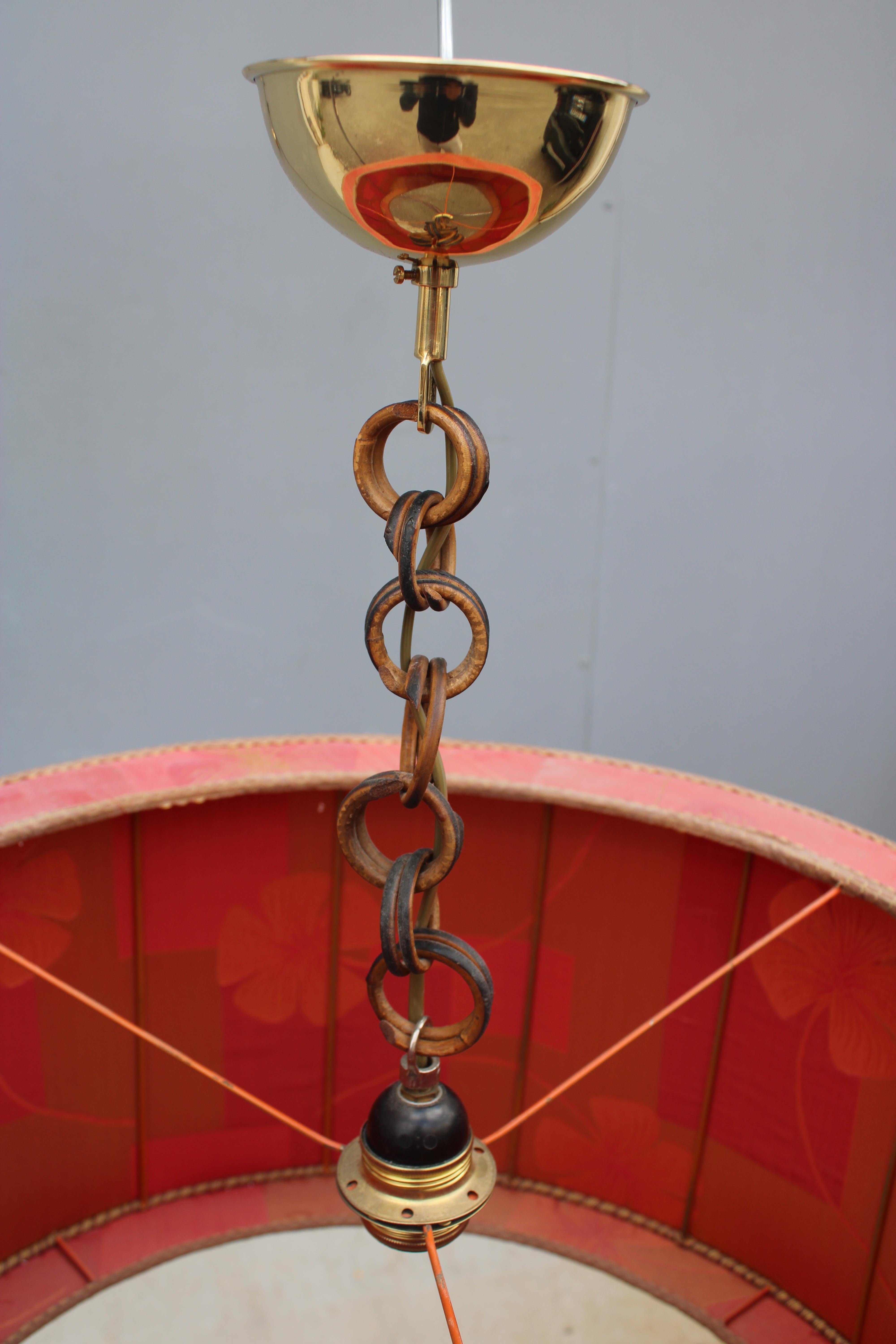 Fabric Red fabric dome chandelier with flowers Mid-century italian design brass For Sale