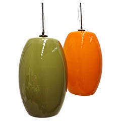 Lampadario con grandi pendenti vetri murano verde e arancio Italia anni 60