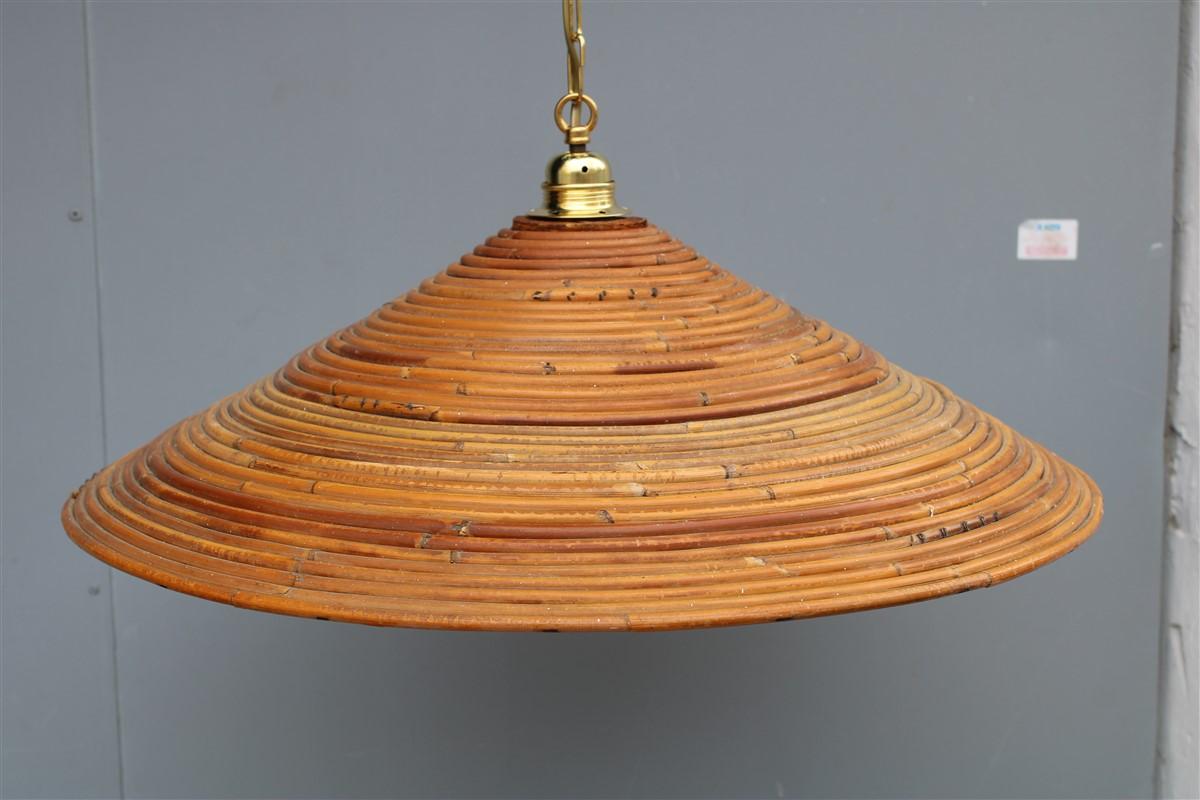 Lampadario Conico in Midollino Italiano 1950s catena Ottone in vendita 3